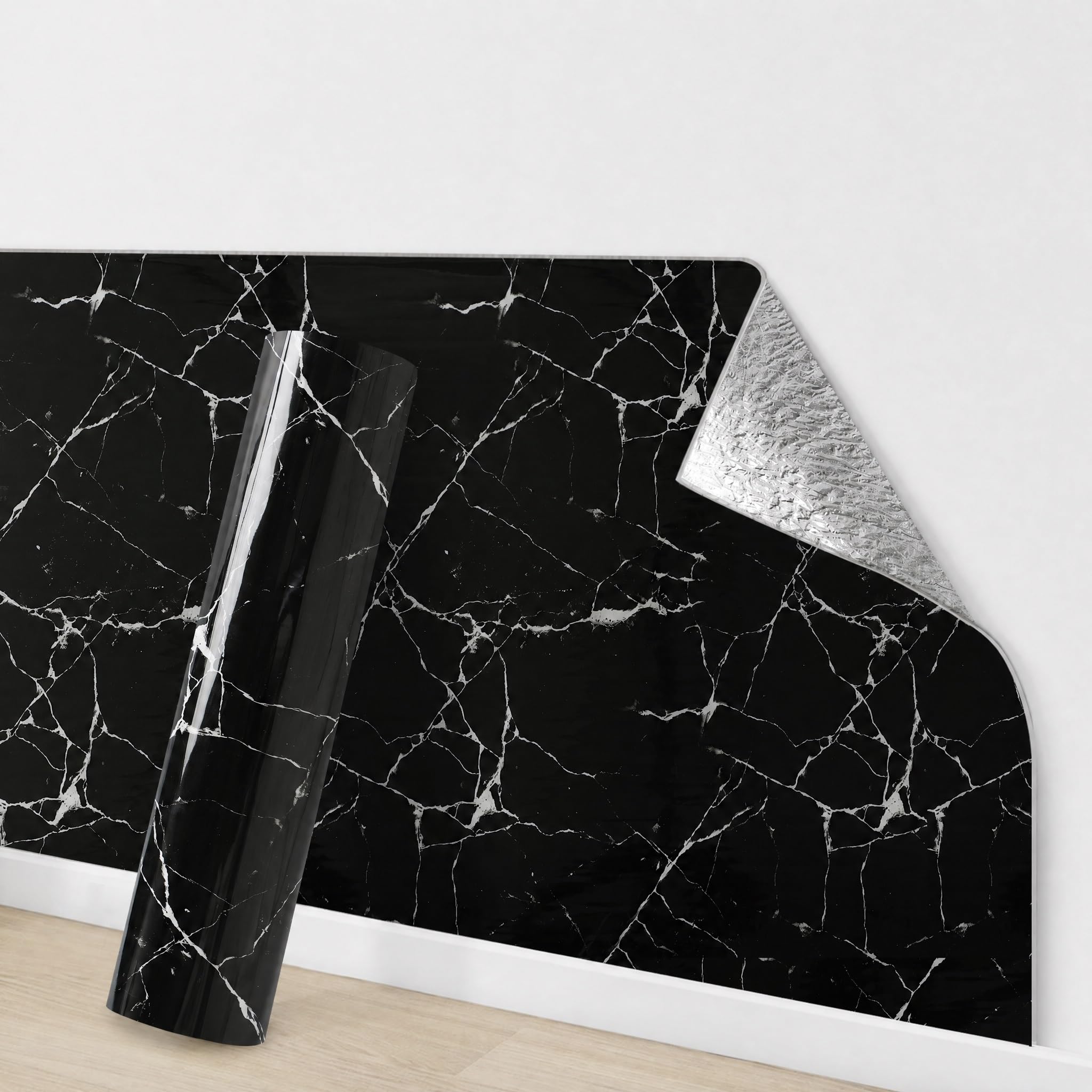 Tarwanear Tile Stickers Marble 2 Roll 3mx40cm Waterproof Oil Proof Self Adhesive Wall Tiles PVC Wall Stickers Black Peel and Stick on for Kitchen Bathroom Home Decor