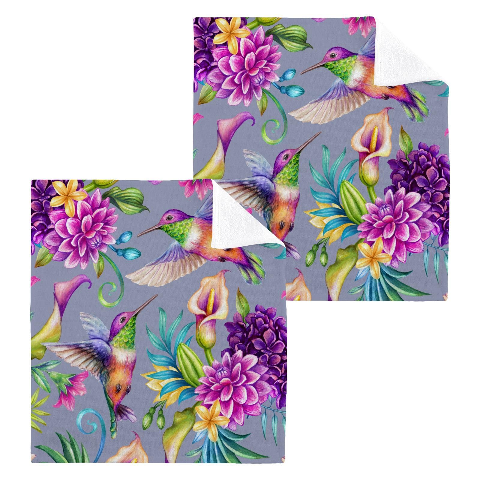 Haskirky 12x12Inx6 Sets) Reusable Soft Face Towel,Kitchen Hand Towel Bathroom Absorbent Towel,Gym Hotel Spa-Hummingbird on Purple Flowers