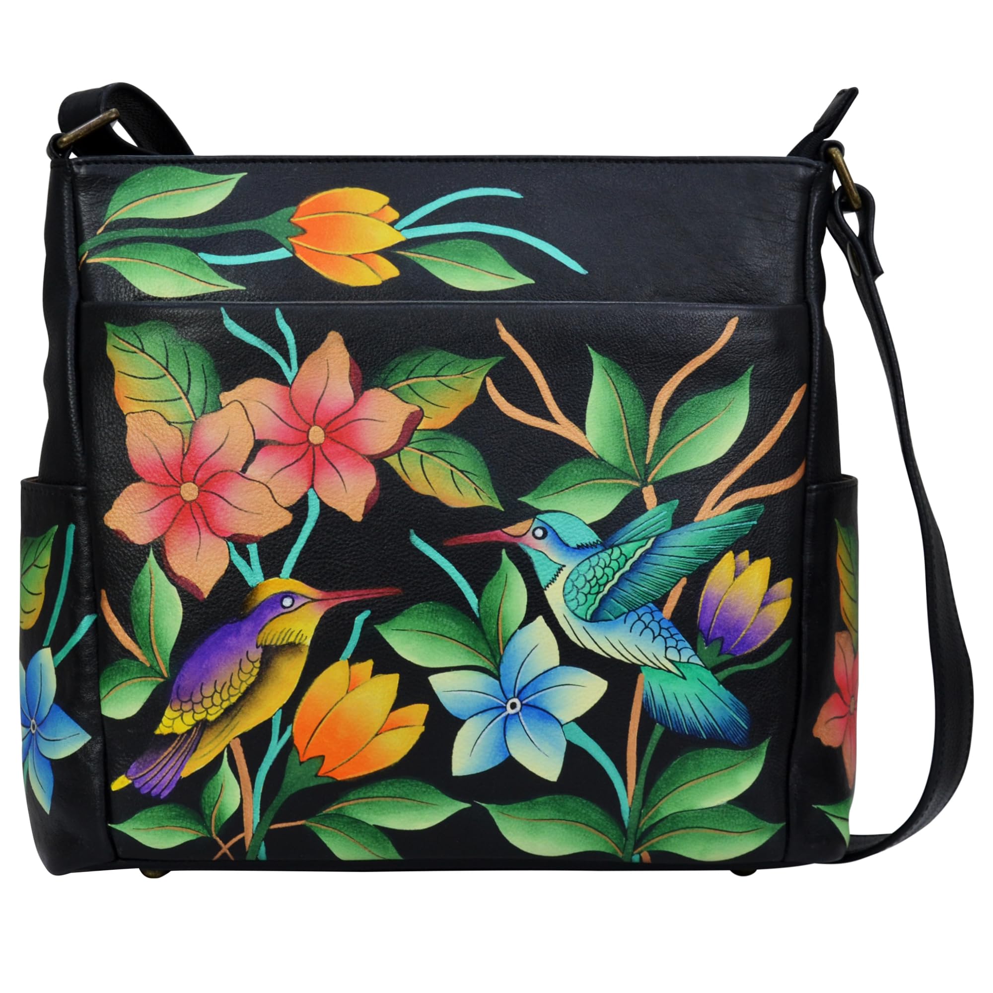 Women's Hand Painted Leather Crossbody with Side Pockets Bag, One Size