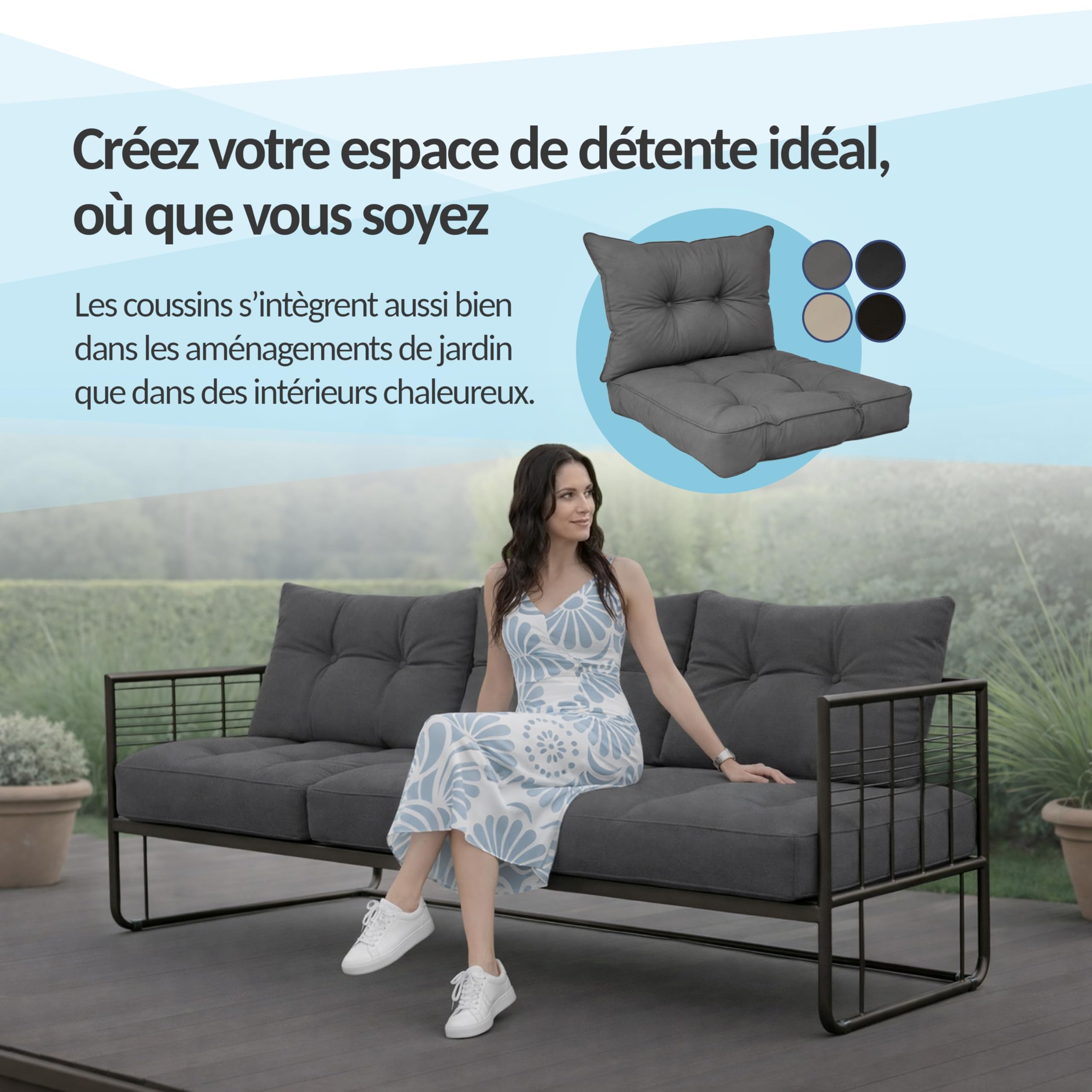 POKAR Lot de 2 Coussins de Jardin 1x Assise 60x60x10 cm + 1x Dossier 60x40x10 cm | Imperméable et Déperlant | Set de Coussins pour Chaise, Fauteuil Rotin et Salon de Jardin | Made in EU | Beige