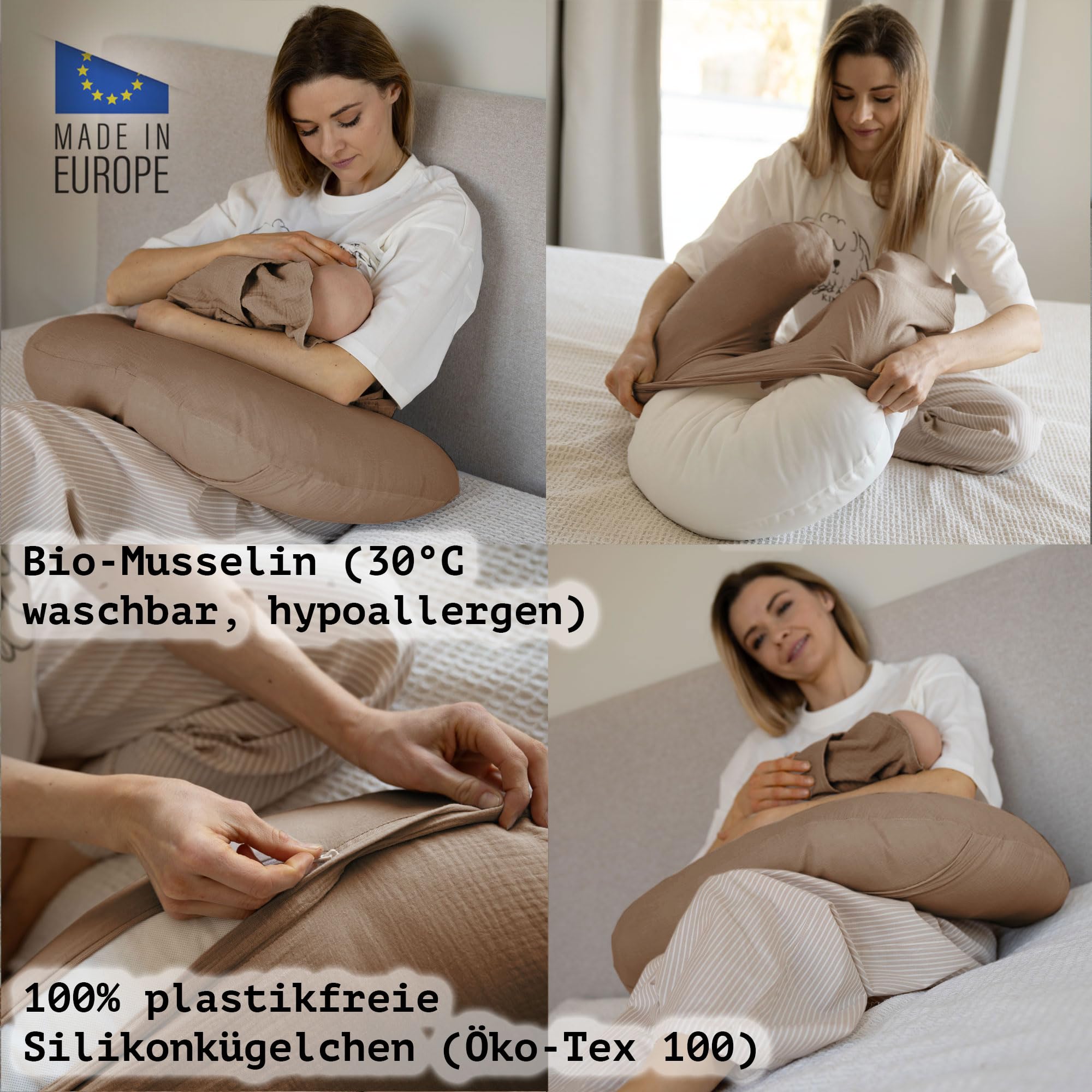 PaLulli® Musselin Stillkissen Stillkissenbezug aus 100% Musselin Baumwolle - Stillkissen für Baby, Stillhörnchen Baby, Stillkissen Atmungsaktiv & Waschbar, Stillkissen (Braun)