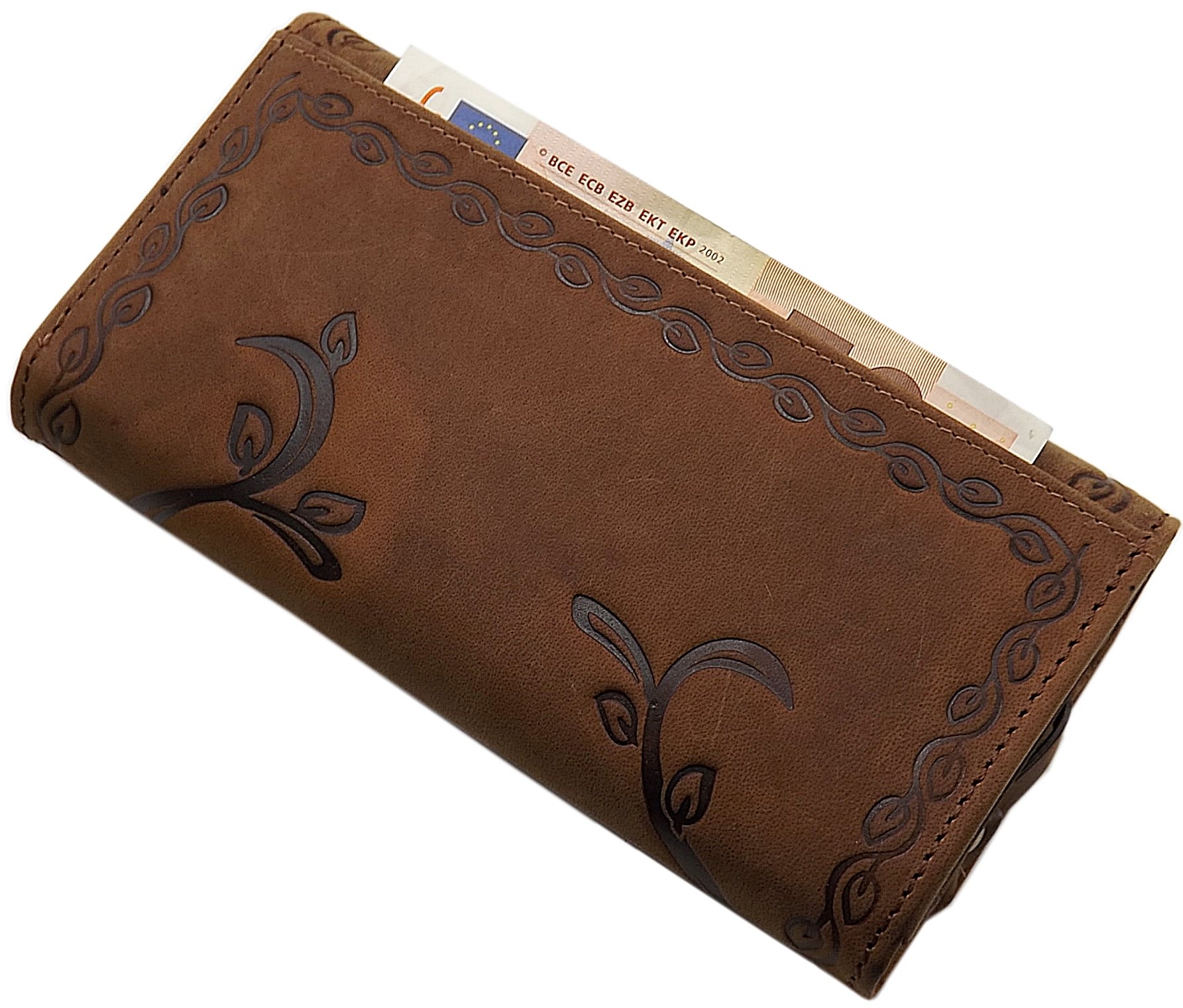 myledershop Gran Cuero de búfalo señora Cartera con picaflor-Motivo con Bloqueo RFID y NFC (Coñac)
