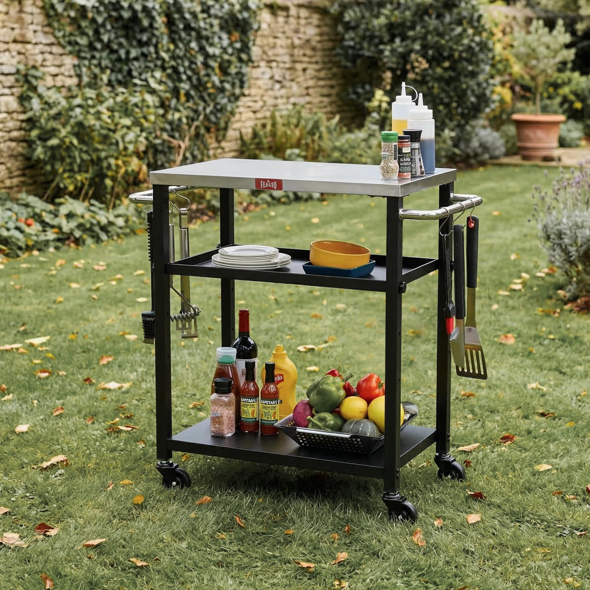 Feasto Rollender 3-stöckiger Verstellbarer Pizza-Ofen-Tisch und Lebensmittelzubereitung, für Zuhause und Außenbereich, multifunktional, funktioniert auf Vier Rädern, L 86xB 40xH 84 cm