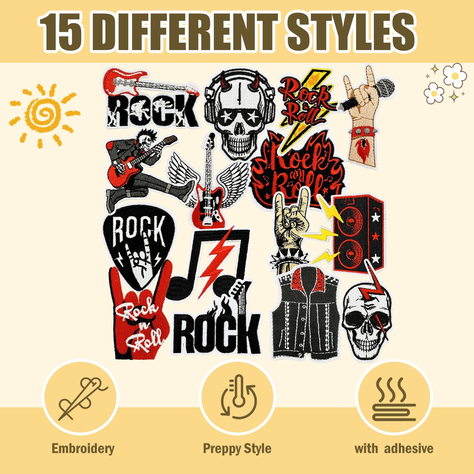 15 Stück Rock Punk Band zum Aufbügeln oder Aufnähen Patch Cartoon Black Music Stickerei Aufnäher Flicken Bügelbilder Aufnäher Patches für Kleidung Rucksäcke DIY Jacke Taschen Hosen Hüte Jeans - 2