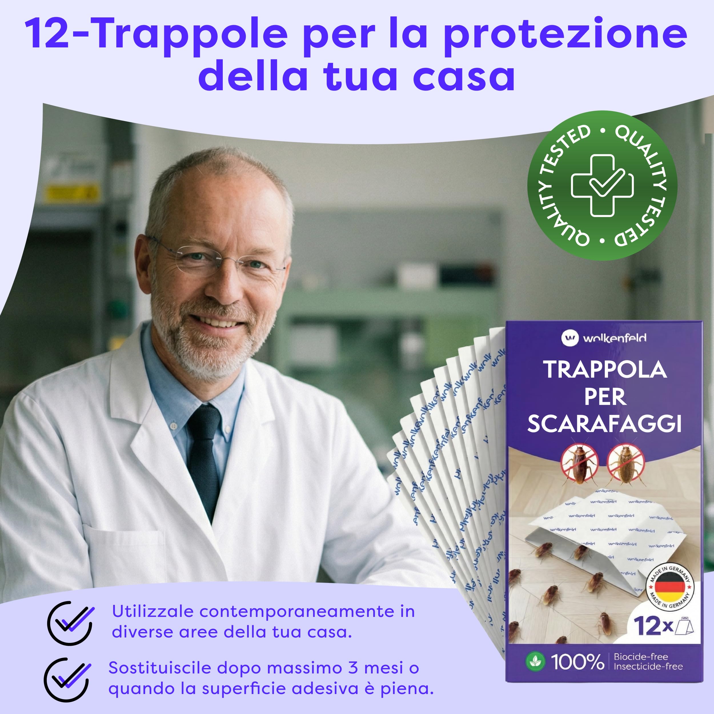 Wolkenfeld 12 Trappole Scarafaggi e Blatte da Interno – Esca Naturale Adesiva per Disinfestazione Casa – Alternativa a Gel Scarafaggi, Spray e Veleno Blatte – Made in Germany