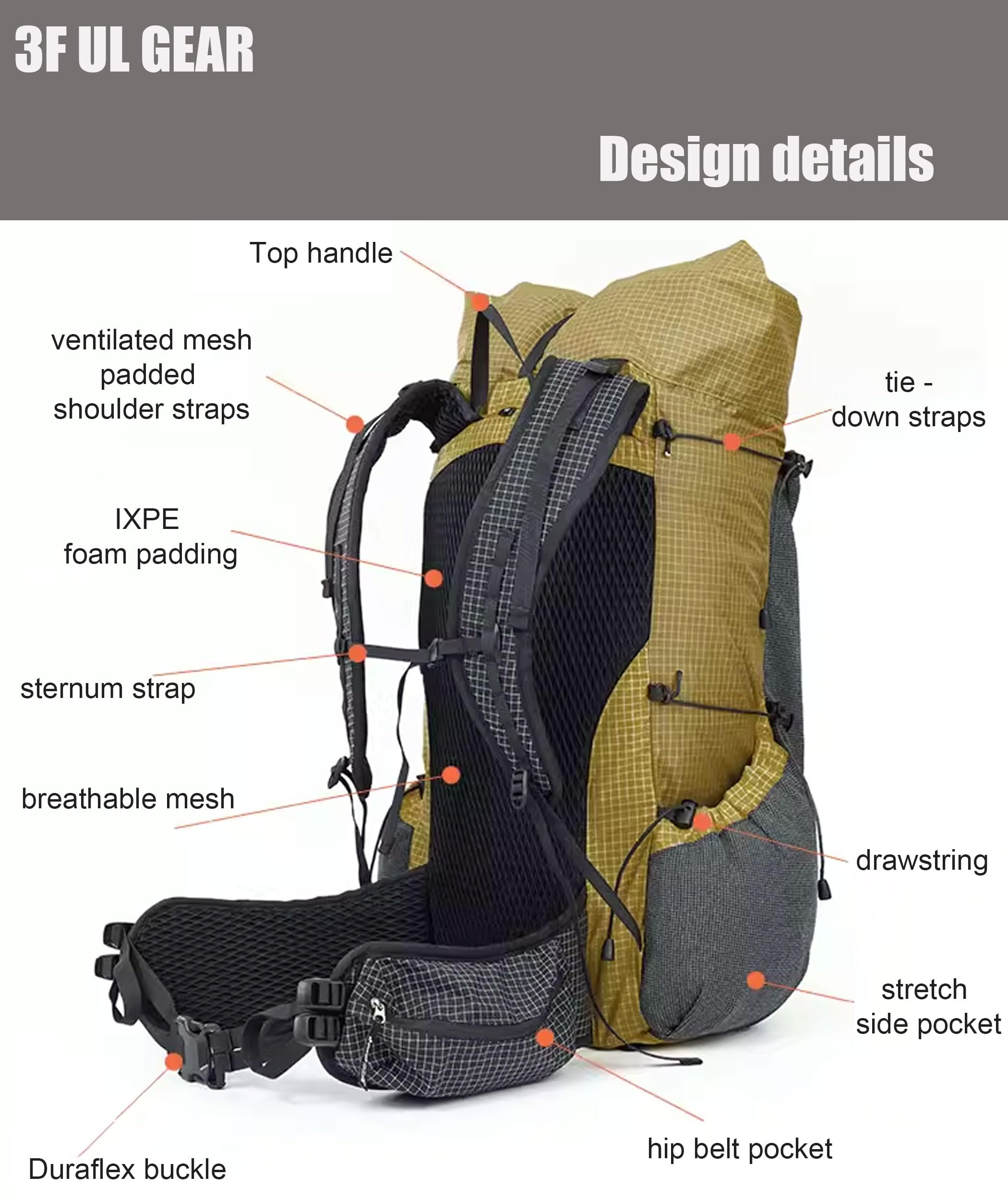 3F UL GEAR 30L + 10L UHMWPE Zaino ultraleggero impermeabile da escursionismo, campeggio, viaggi, per uomini e donne (cachi classico, L)