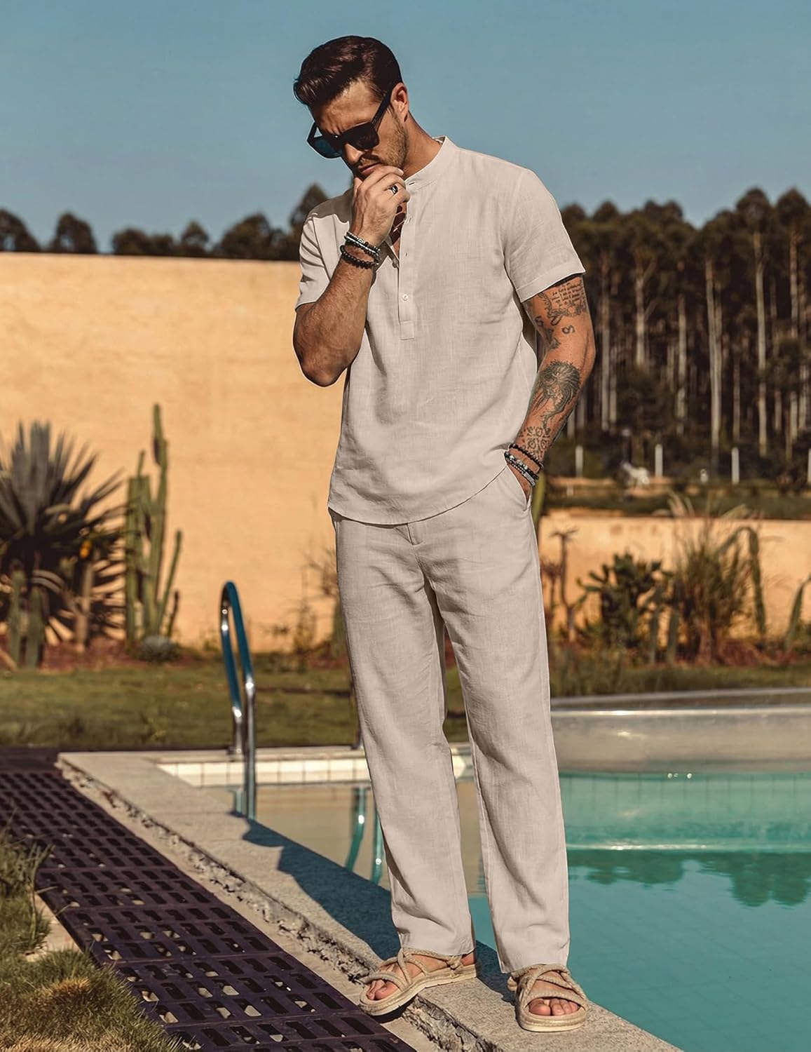 COOFANDY Mens 2 Pieces Cotton Linen Sets Short Sleeve Casual Henley Shirt Summer Beach Pants Lounge Vacation Outfits Set - Image 3