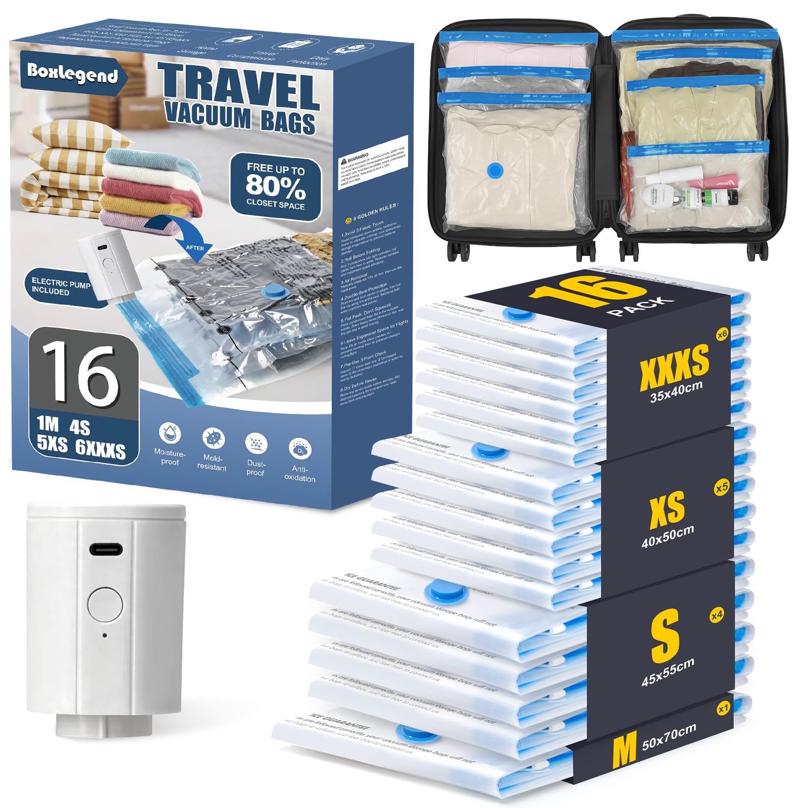 BoxLegend 16‑Pack Travel Vacuum Storage Bags with USB Pump, 4 Sizes, Thickened Compression Packing Bags for Clothes, Space‑Saving Vacuum Seal Bags for Luggage, Suitcase, Travel, Moving &amp; Closet