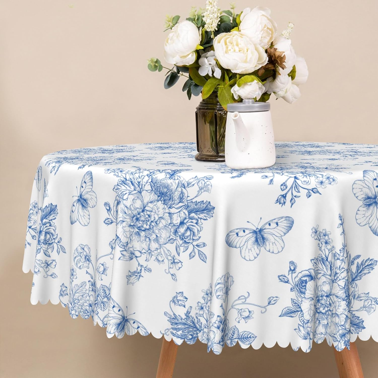 Blue and White Peony Butterfly Tablecloth 70 Inch Spring Floral Fabric Round Table Cloth Polyester Waterproof Reusable Peony Print Table Cover for Garden Cottage Farmhouse Dining Party Decor