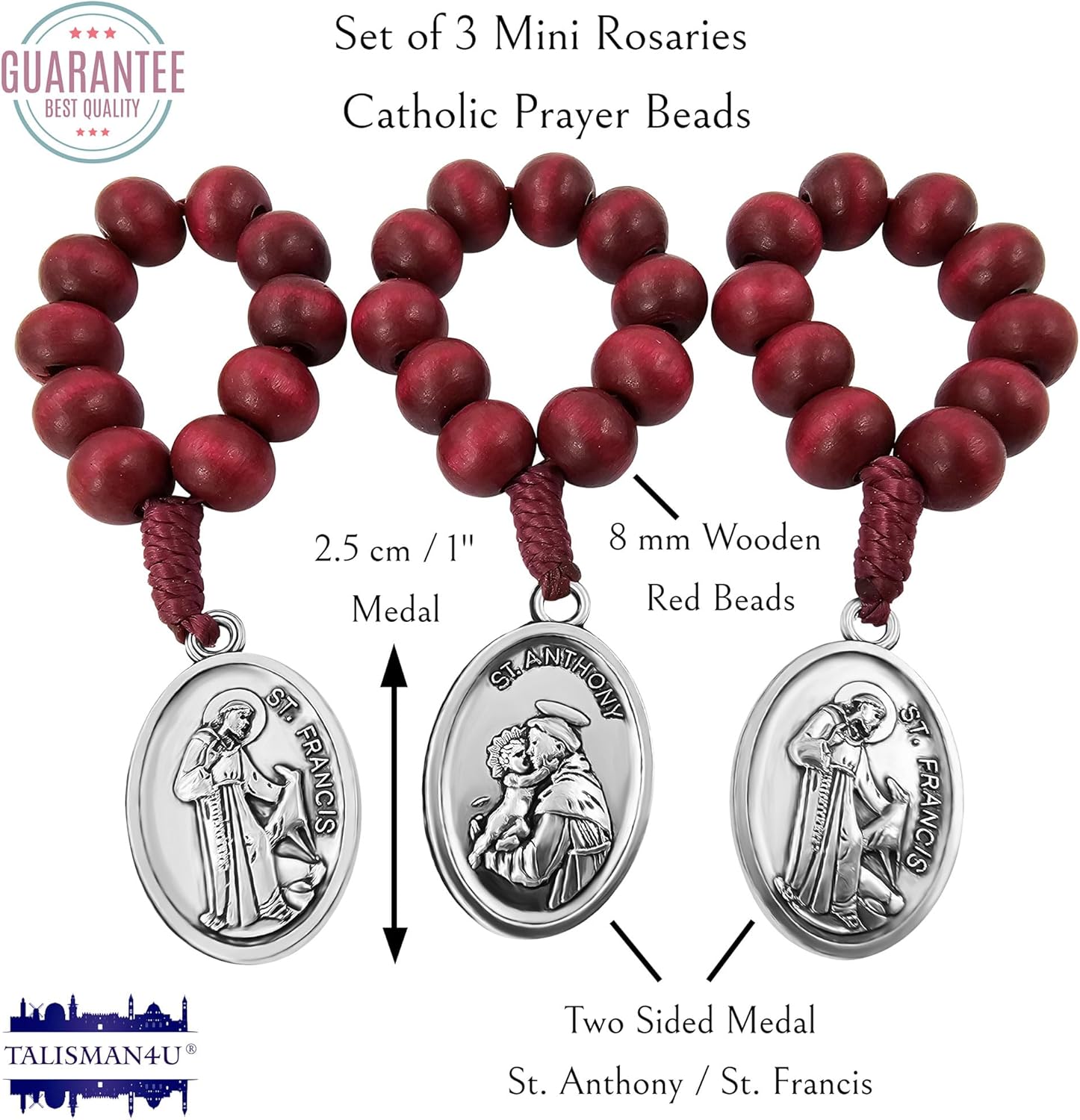 TALISMAN4U Set of 3 Finger Rosary Catholic Saints Devotional Medal One Decade Prayer Pocket Rosary Red Wooden Beads Handmade Mini Rosaries Religious Gift - Image 3