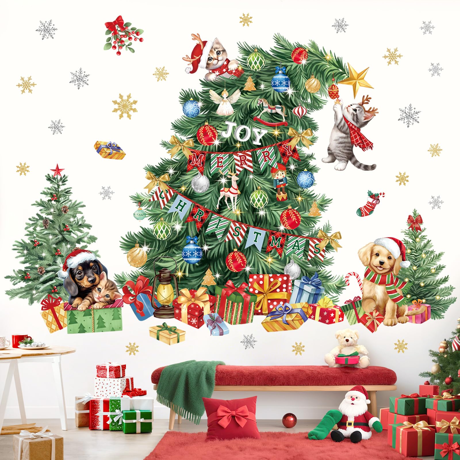 wondever Large Christmas Tree Wall Stickers Evergreen Tree Christmas Dogs Cats Peel and Stick Wall Art Decals for Window Xmas Home Party - Image 2