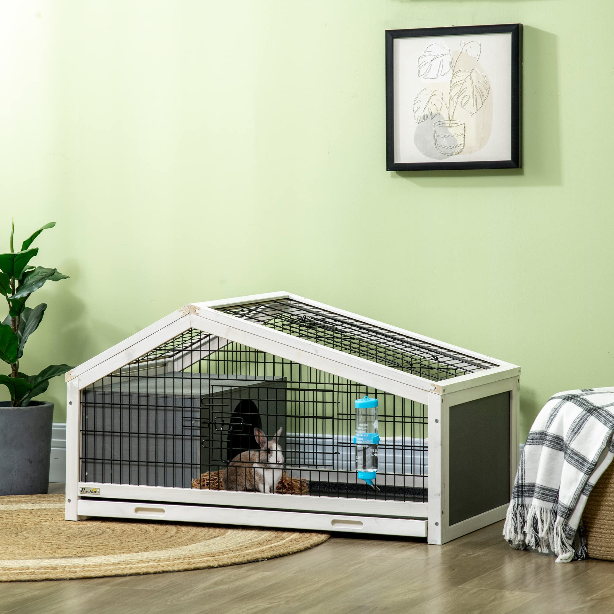 PawHut Clapier Cage à Lapin - Cage à Lapin intérieur Niche, Plateau déjection, Porte et Toit ouvrant verrouillables, Abreuvoir - Acier Noir Sapin Gris Blanc
