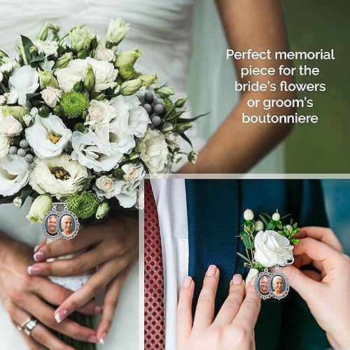 Miniatura 4 de MemoriPix Encanto doble de la foto del ramo de la boda de la foto para las flores de la novia o Boutonniere Pin con el cambiador de tamaño