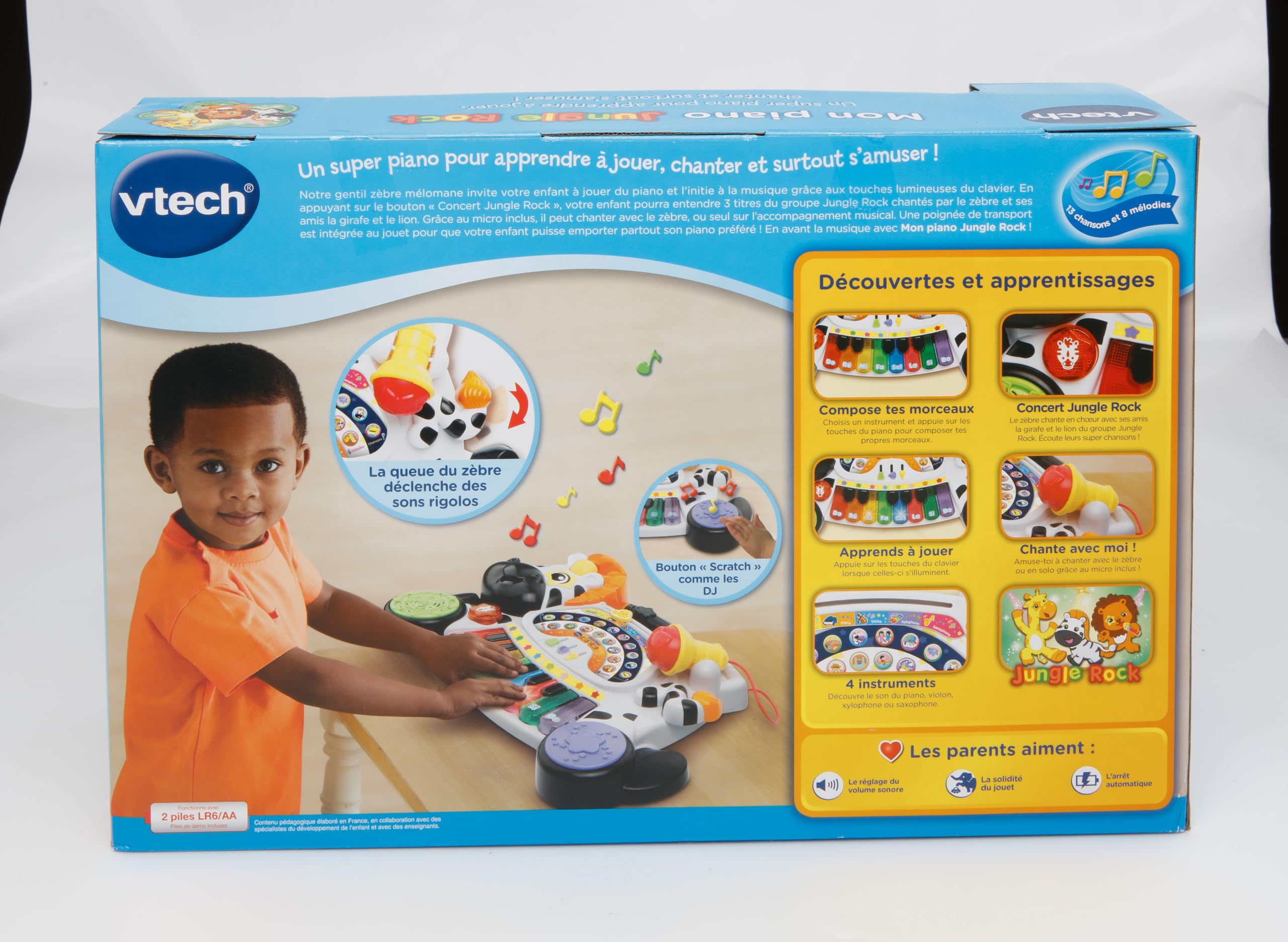 VTech - Mon Piano Jungle Rock, Instrument de Musique Bébé, Piano Interactif 4 en 1 avec Micro Enfant, Jeu d'Éveil Musical, Jouet Lumineux Zèbre, Cadeau Enfant Dès 18 Mois - Contenu en Français