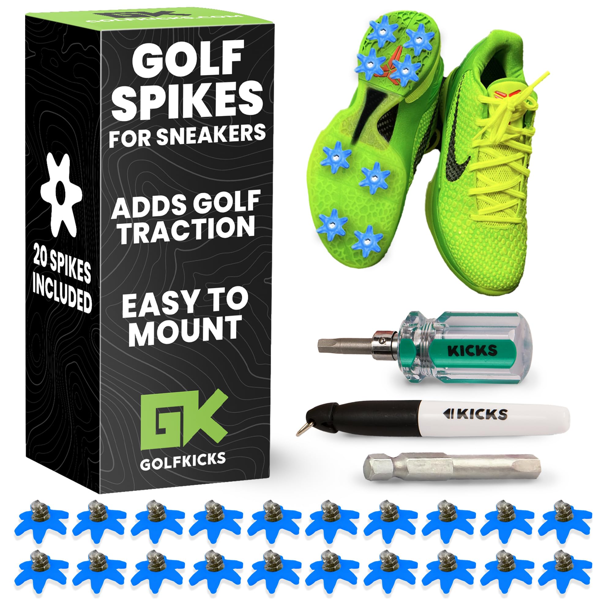 Golfkicks DIY Golf Shoe Cleats Kit – Transform Your Sneakers into Golf Shoes – Fun Gift – Cleats Compatible with Flat Rubber Sole Shoes – Includes 20 Golf Spikes for Any Shoe and Mounting Tools