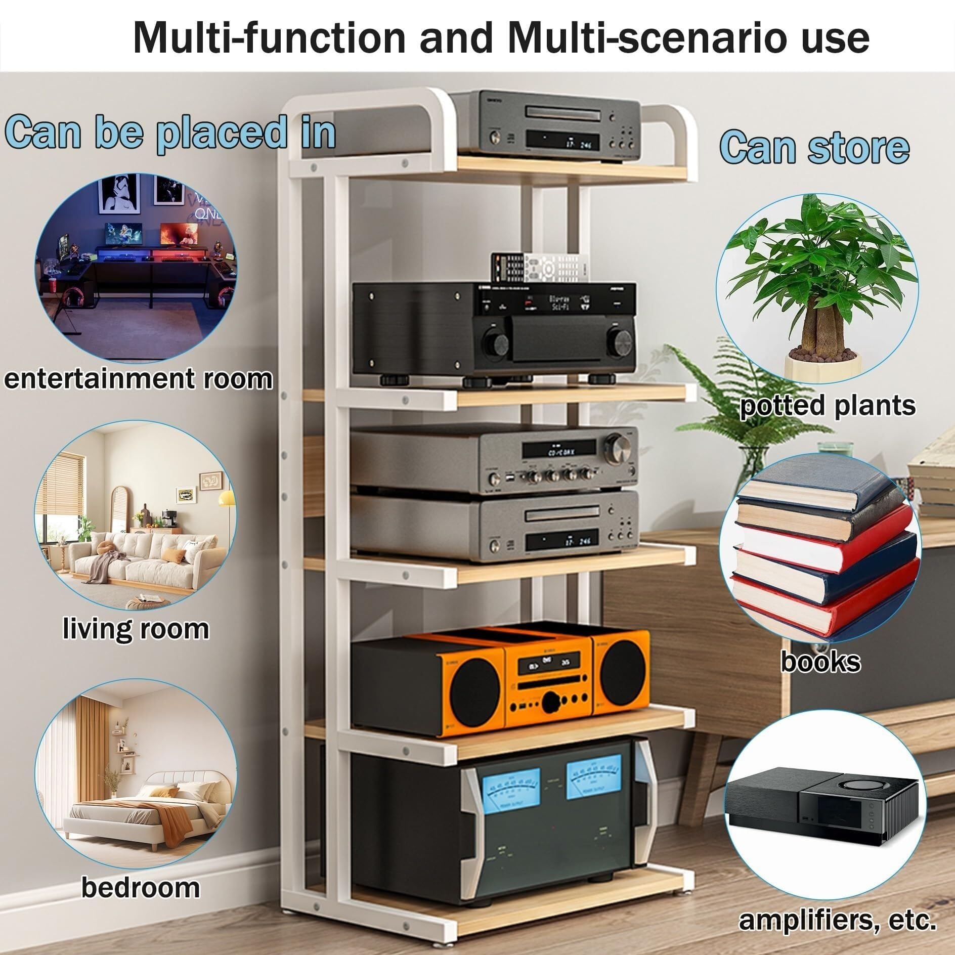 HiFi-Regal, AV-Regal, 3/4/5 Etagen, Multimedia-Aufbewahrungsschrank für Zuhause, Büro, Geschäft und Theater, stilvolle HiFi-Stereo-Einheit in Schwarz und Teakholz, 50 x 40 x 145 cm