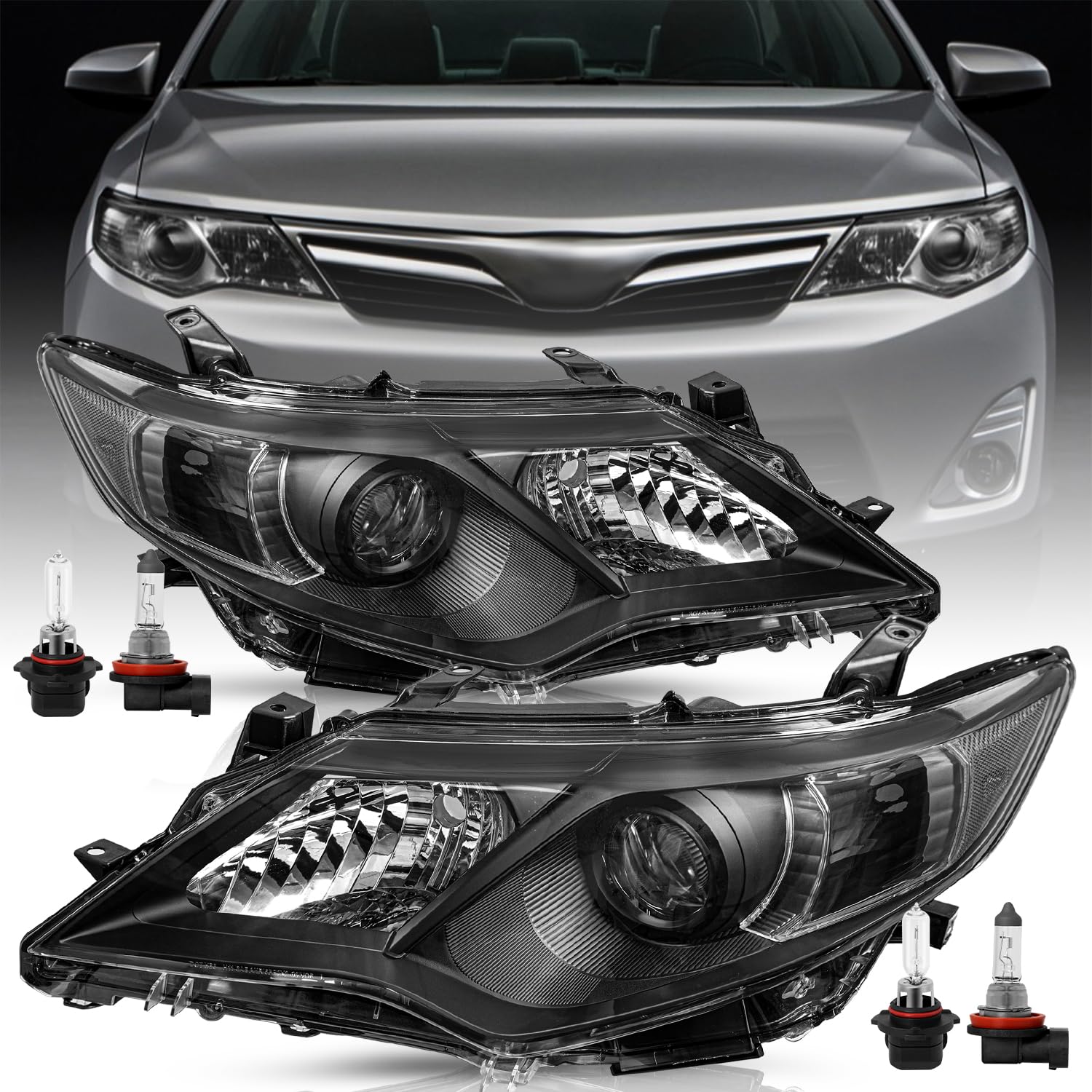 Headlight Assembly Fits For 2012 2013 2014 Toyota Camry L/Le/Xle/Hybrid/SE Driver and Passenger Side (Black Housing with Clear Reflector) w/Halogen Bulbs