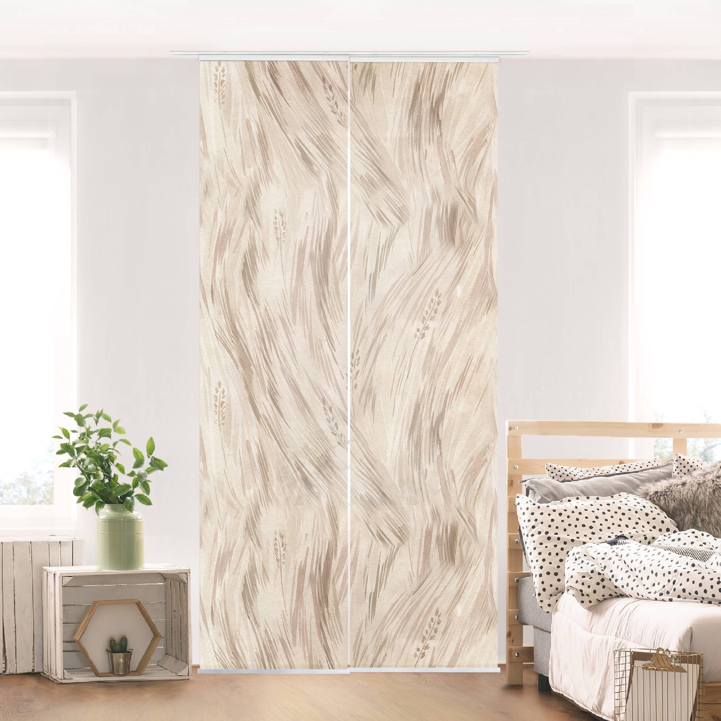 Schiebegardine halbtransparent 60er Paneel Klett Muster Textil lichtdurchlässig - Gräser Aquarell Flächenvorhang beige Wohnzimmer Schlafzimmer 2249 (120x250 cm - 2er Set)