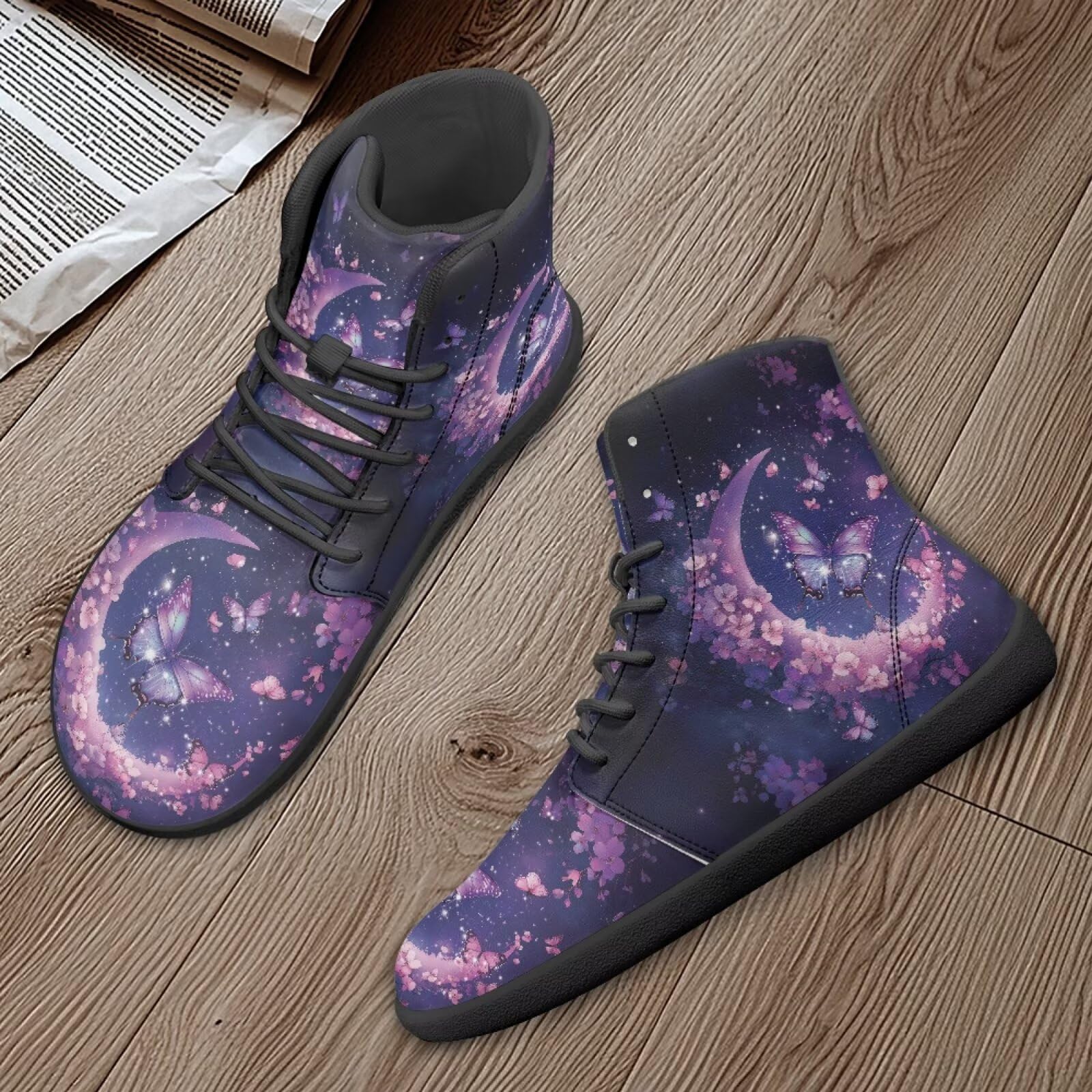 Binienty Moon Butterfly Print Shoes Women Purple Floral Barefoot Dress Shoes for Men Casual Zero Drop Wide Toe Box Minimalist Barefoot Boots with Arch Support, US 11