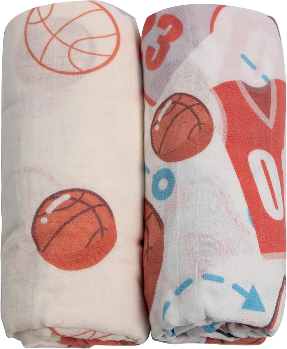 Manta de muselina de bambú, paquete de 2, manta grande para bebé de 47 x 47 pulgadas, ligera y transpirable, suave para recién nacido, manta receptora multiusos, diversión de baloncesto