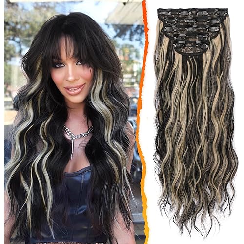 BARSDAR Clip in Hair Extensions - 20 Inch Highlight Wavy Clip in Hair Extensions for Women - 5PCs Thick Soft Synthetic Clip in Hairpieces Daily Party Halloween- Black Mix Blonde