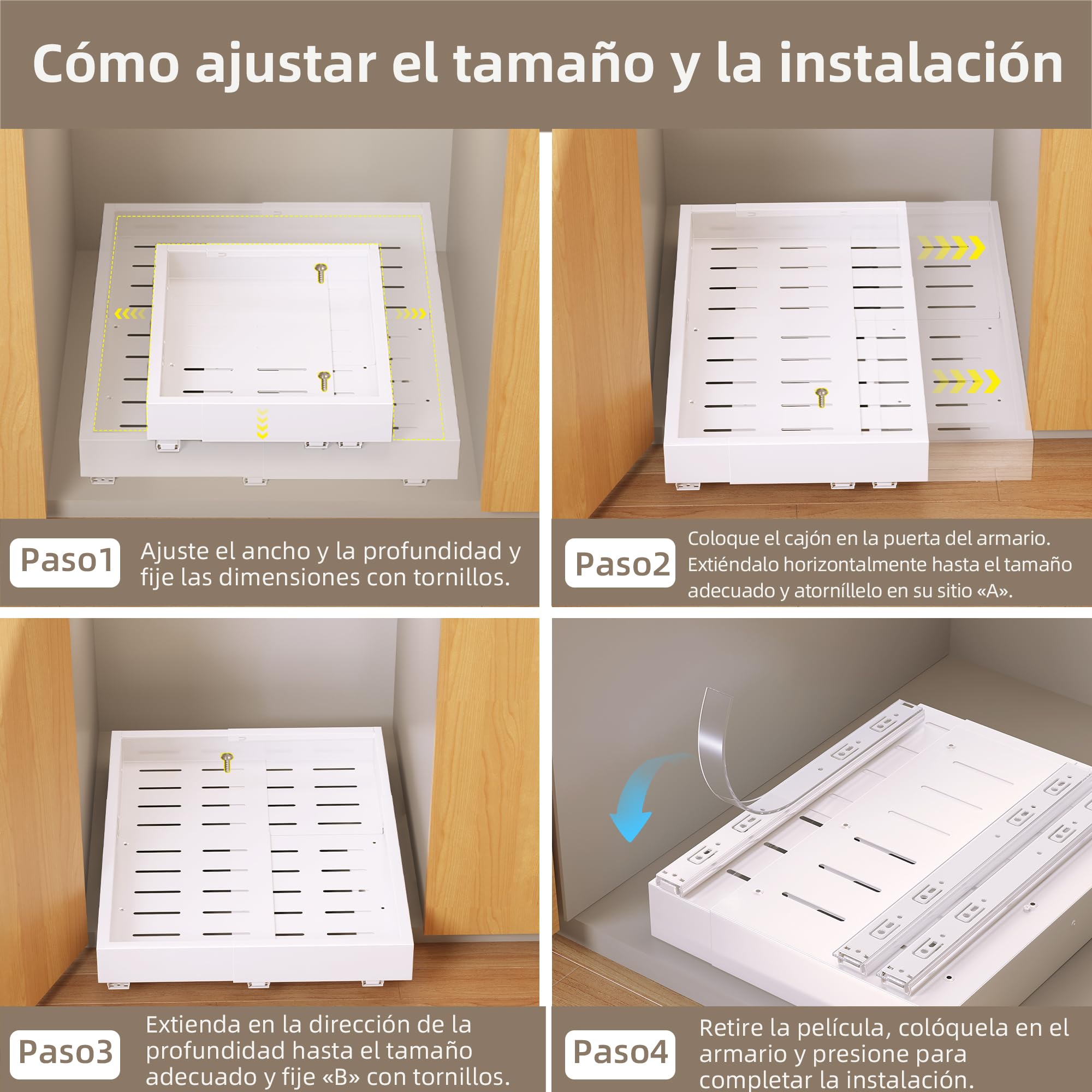 NETEL Pack de 2 cajones extraibles telescópicos para cocina，Expansión en 4 direcciones，Bandeja extraible armario cocina，Ancho ajustable 30-49.5 cm, Fondo 41.5-55 cm，sin perforaciones，Blanco