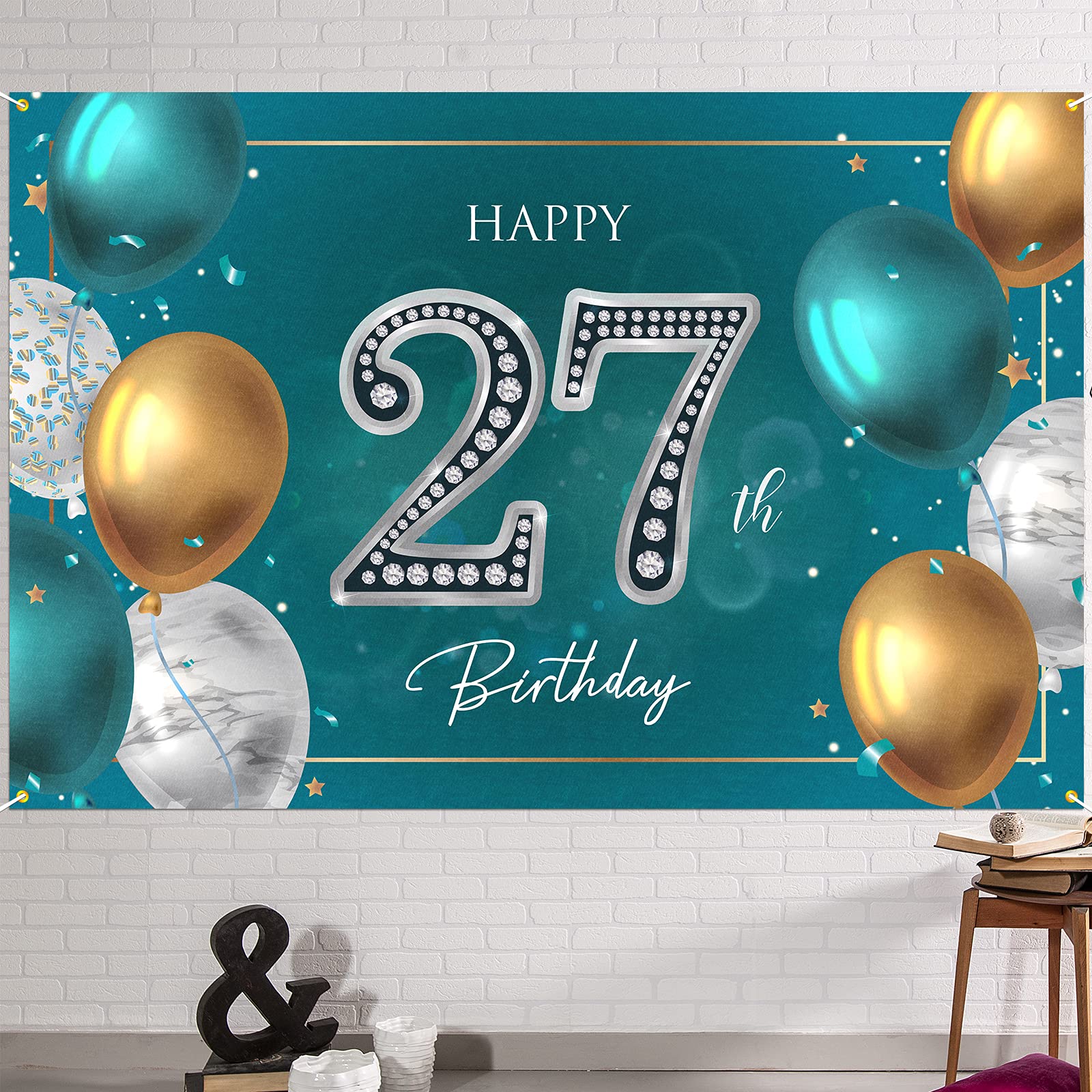HAMIGAR 6x4ft Happy 27th Birthday Banner Backdrop - 27 Years Old Birthday Decorations Party Supplies for Women Men - Green Silver