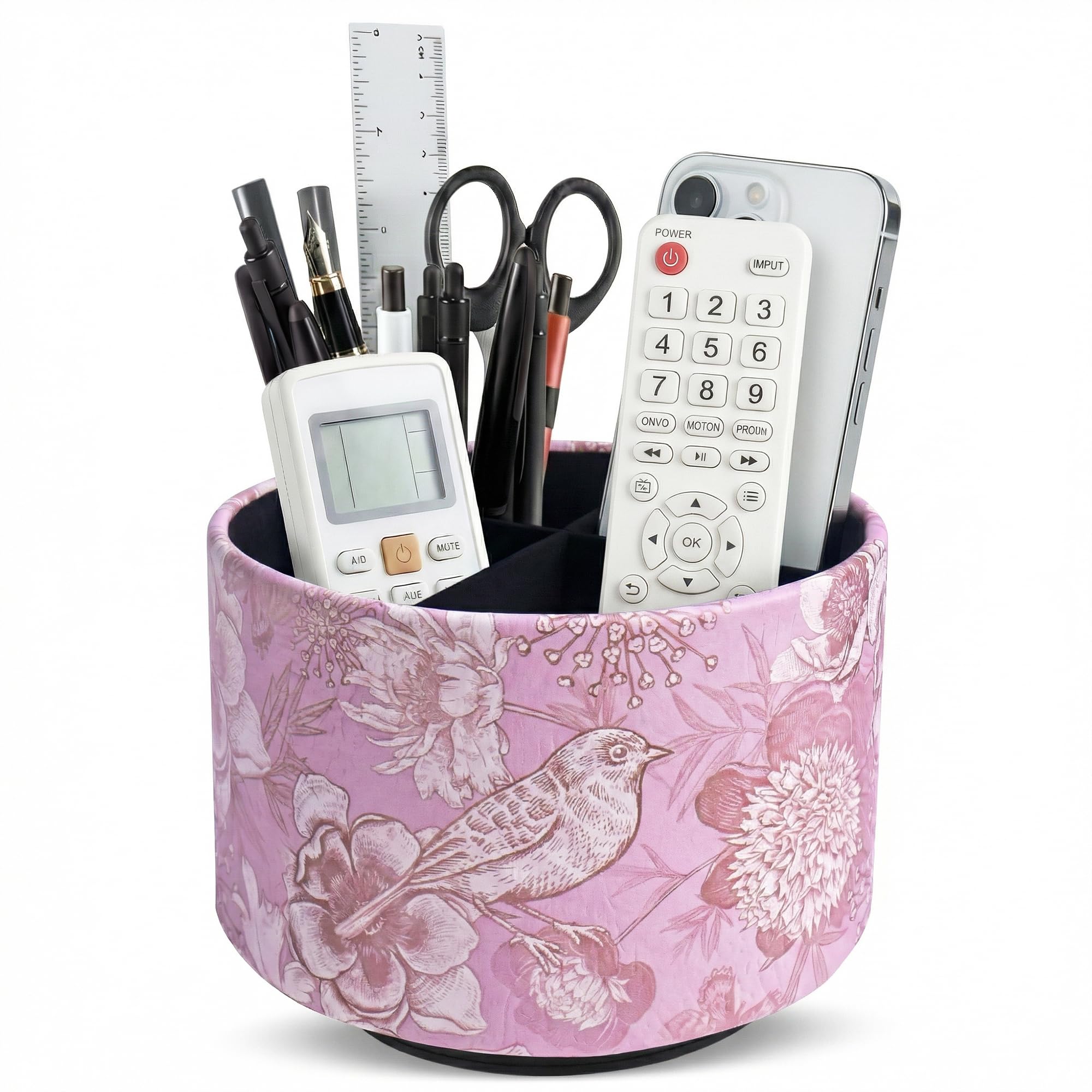 Czzmy Round Leather Art Supply Organizer,Remote Control Holder,360 Degree Spinning,Multi-Functional Pencil Holder,4 Compartments Desktop Stationary Organizer(1-Purple Bird)