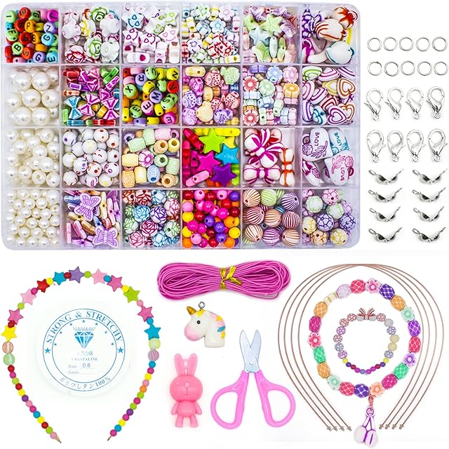 WONDERFORU Children DIY Beads for Jewellery Bracelet Necklaces String Making Kit, Friendship Bracelets Art Craft Kit for Girls Kids, 24 Colors
