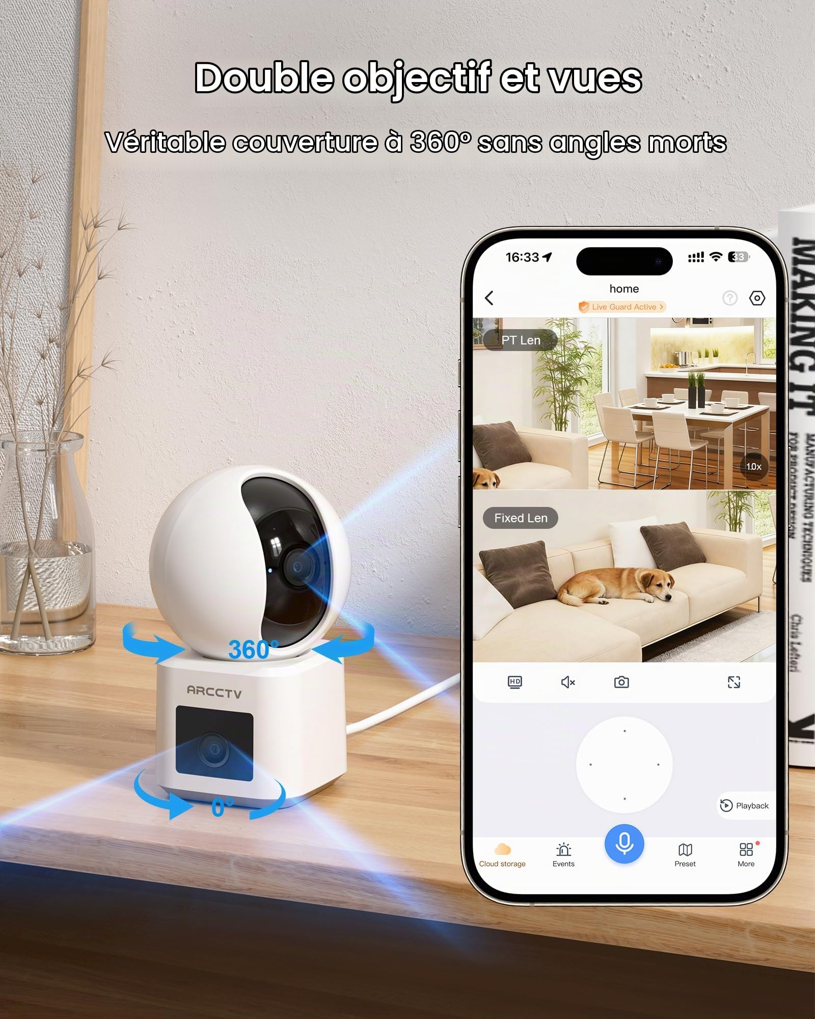ARCCTV Y3 Caméra Intérieur WiFi Double Objectif 2.5K pour Chambre/Bébé/Pet | Double Objectif (2,5K+2,5K), 360° PTZ, 5G/2.4GHz WiFi, Enregistrement 24/7, Audio Bidirectionnel, Auto Tracking, SD Stockage