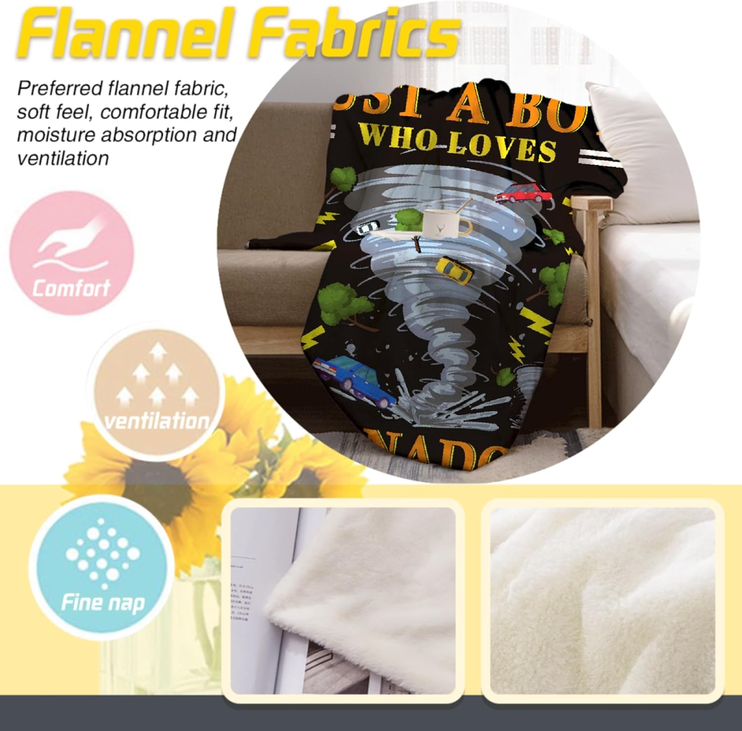 Just A Boy Who Loves Tornado Blanket Best Gifts Super Soft Premium Flannel Throw Blanket, Warm Plush Perfect for Sofa Bed Camping Blankets All Season Use (60" L X 50" W)