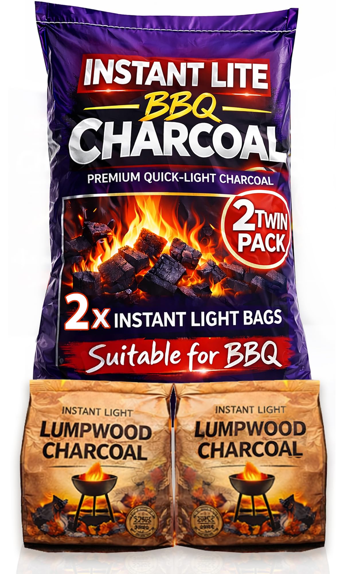 4 x 1.25kg Bags (5kg) Premium Instant Light BBQ Charcoal, Bags of Instant Barbecue Lumpwood Charcoal (2x Twin Packs) — view 12
