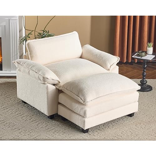 Karl home Oversized Accent Chair Teddy Fleece Sofa with Chaise, Modern Sofa Chair with Removable Ottoman Modular 1-Seater Couch and 2-Layer Ottoman for Living Room, Apartment, Studio, Beige