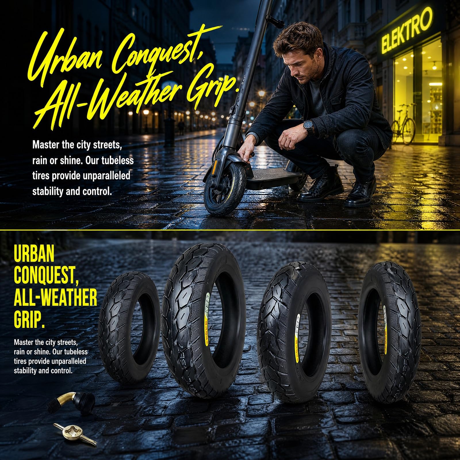 10 Pouces Pneu de Trottinette Électrique, 3.00-10 4PR 42J Pneu Tubeless, Roue Caoutchouc, 3.00 10 Antidérapant pour L'avant et L'arrière, 3.00x10 Charge Maximale 150 kg, 250 kPa