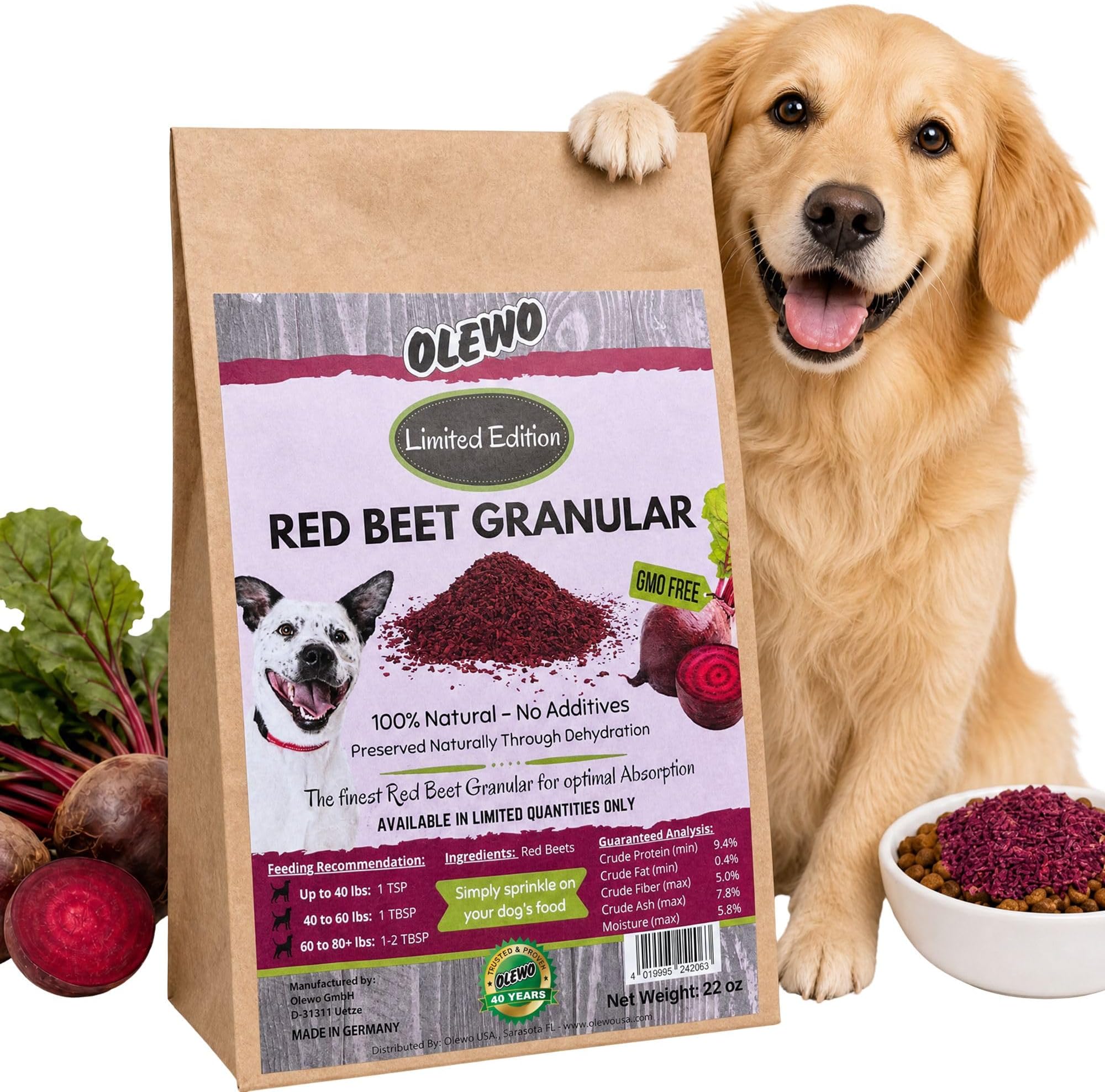 Olewo Red Beets for Dogs Granular โ Internal Support Dog Food Topper for Skin Sensitivity and Overall Balance, Prebiotic Fiber and Whole Food Nutrients, 22 oz