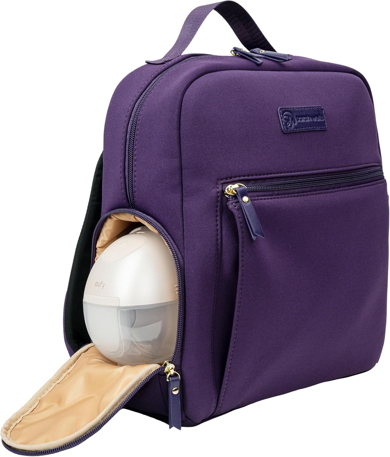 Sarah Wells Mini Breast Pump Bag – Fifi Small 13" Neoprene Backpack for Wearable & Portable Pumps – Lightweight, Insulated Pocket, 13” Laptop Sleeve, Machine-Washable (Purple)