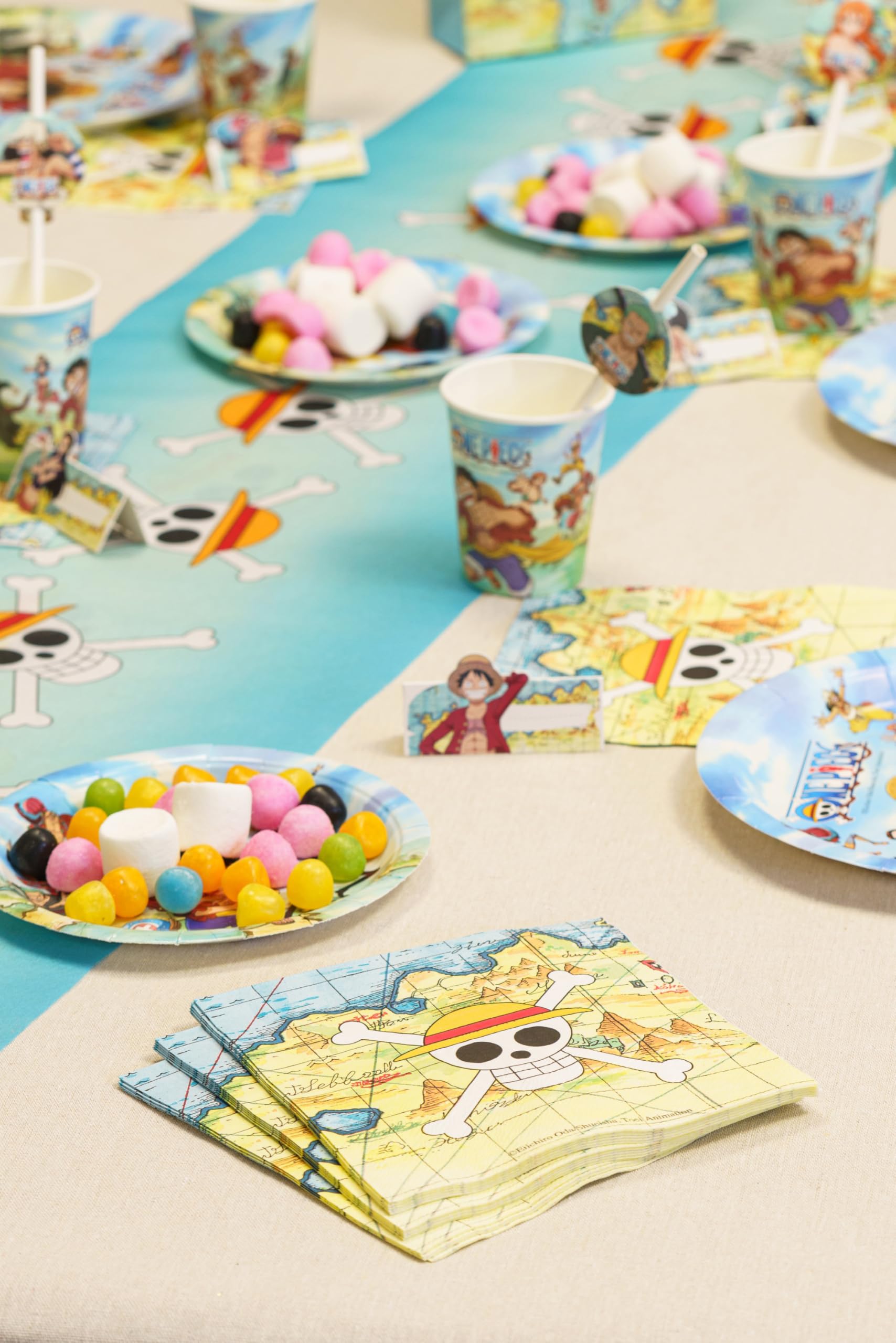 Chaks - Set ufficiale per feste One Piece per bambini, piatti, tovaglioli, palloncini, inviti e ghirlande, decorazioni anime per compleanni