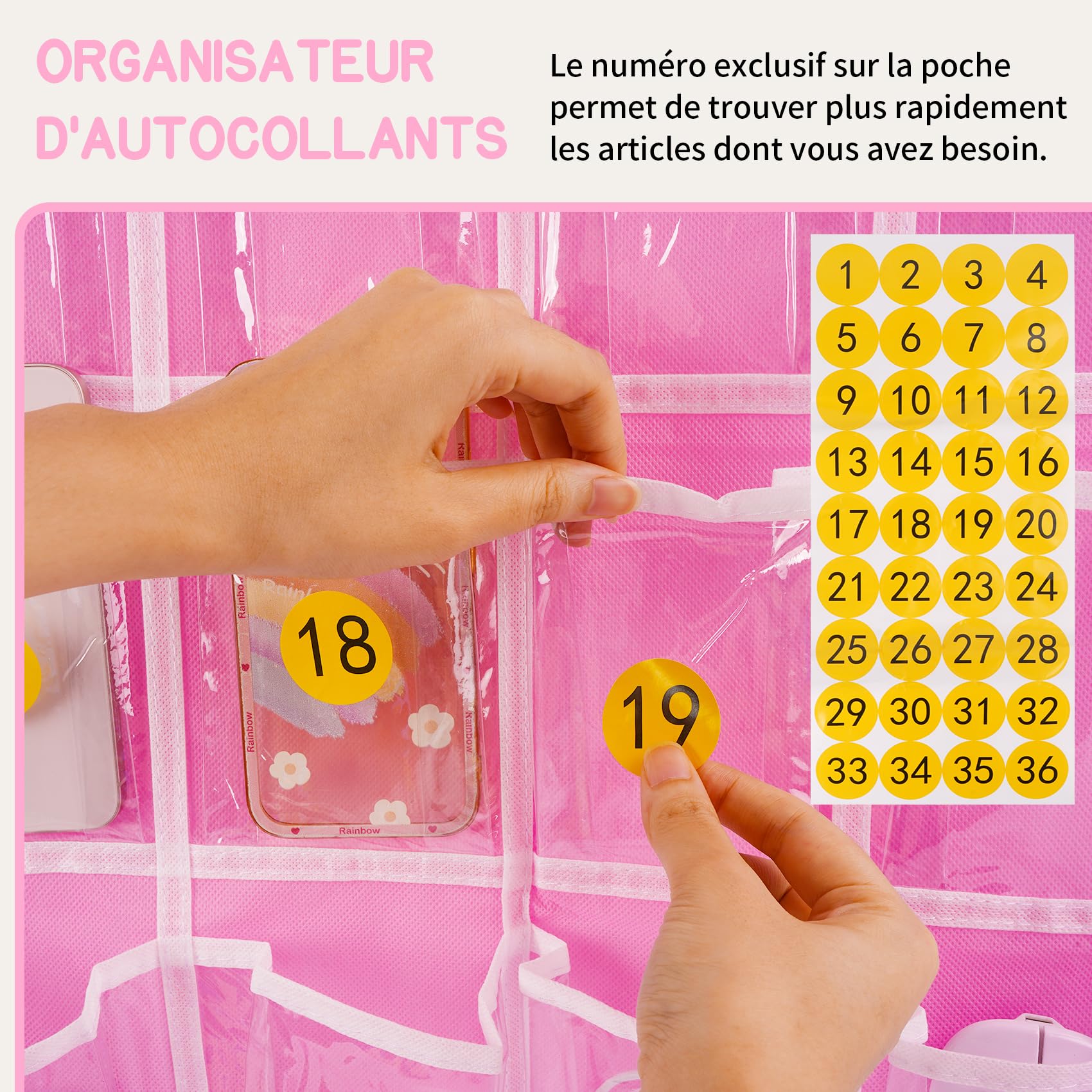 Organiseur de salle de classe à 36 poches, support de calculatrice de téléphone, support mural à suspendre avec crochets et autocollants numérotés (Rose)