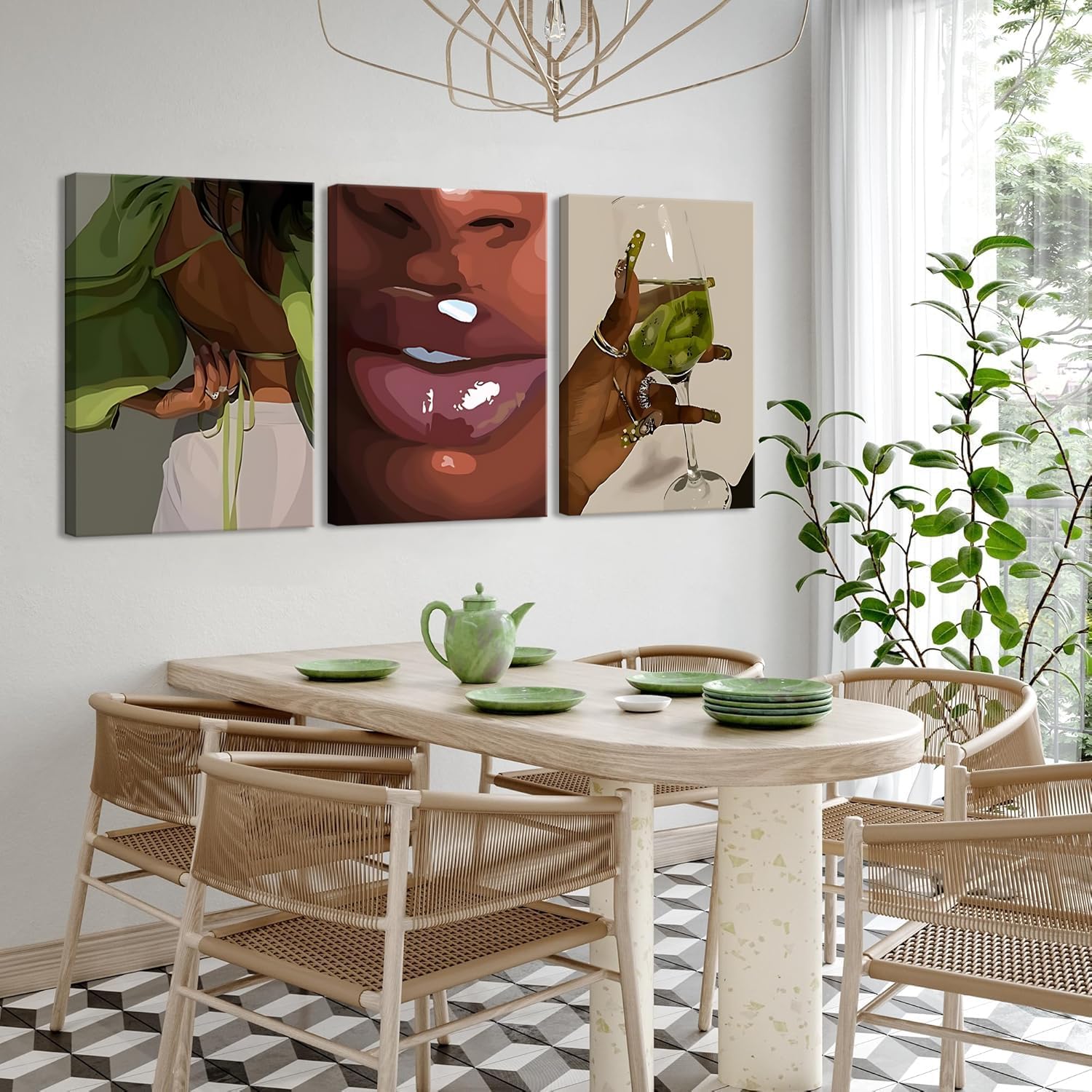Trendy Black Girl Wall Art Set of 3, African American Woman Canvas Painting Fashion Abstract Black Women Wall Decor Home Aesthetic Poster Prints for Living Room Bedroom Bathroom 12x16 Inch Framed