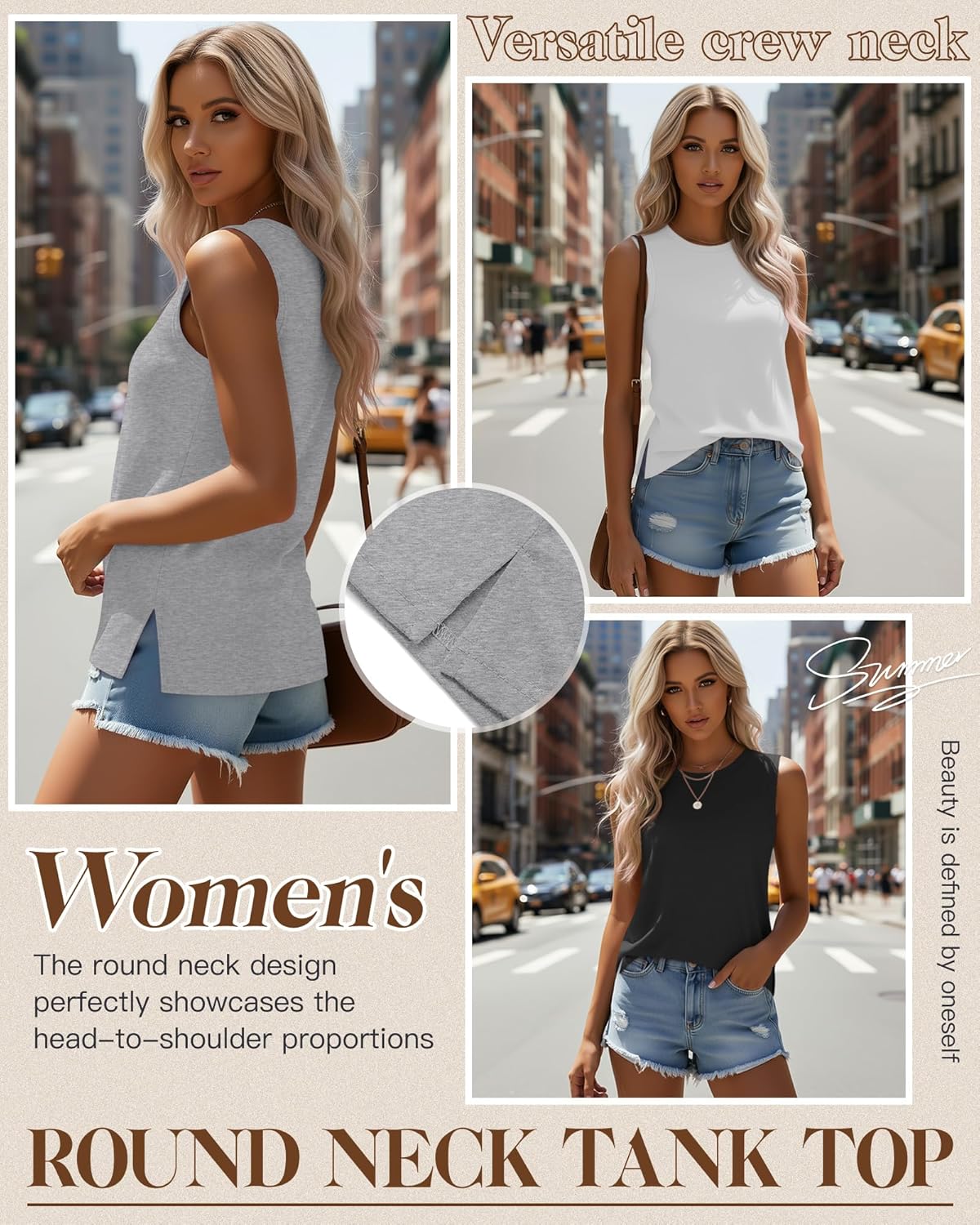 Ficerd 4 Pack Women's Sleeveless Tops, Casual Summer Loose Fit T Shirts Solid Color Tunic Tank Tops Ladies' Crew Neck - Image 3