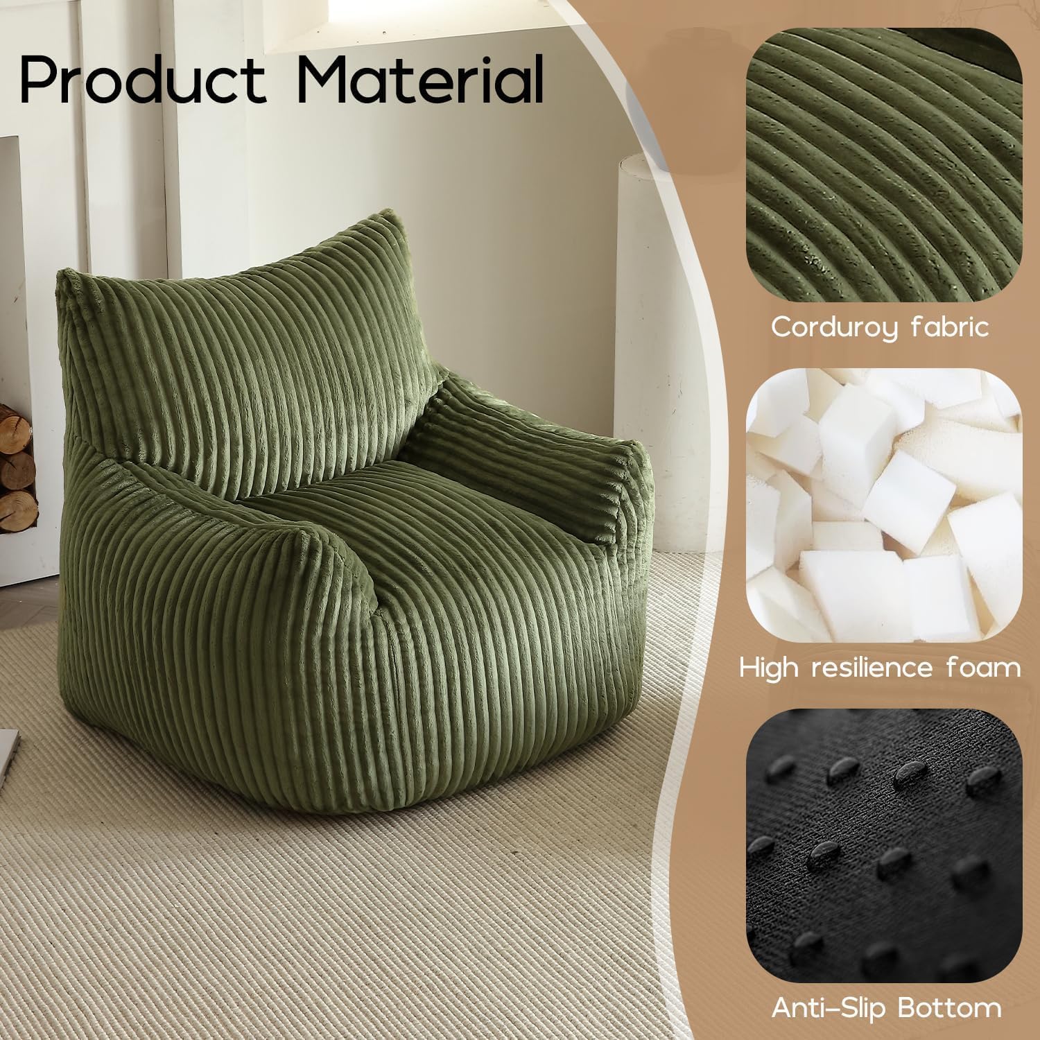 Giant Bean Bag Chair for Adults, Oversized Beanbag Sofa with Armrests and Back Support, Filler Included, Ultra Soft Stuffed Floor Couch for Gaming, Reading and Lounging, Living Room, Bedroom, Dorm
