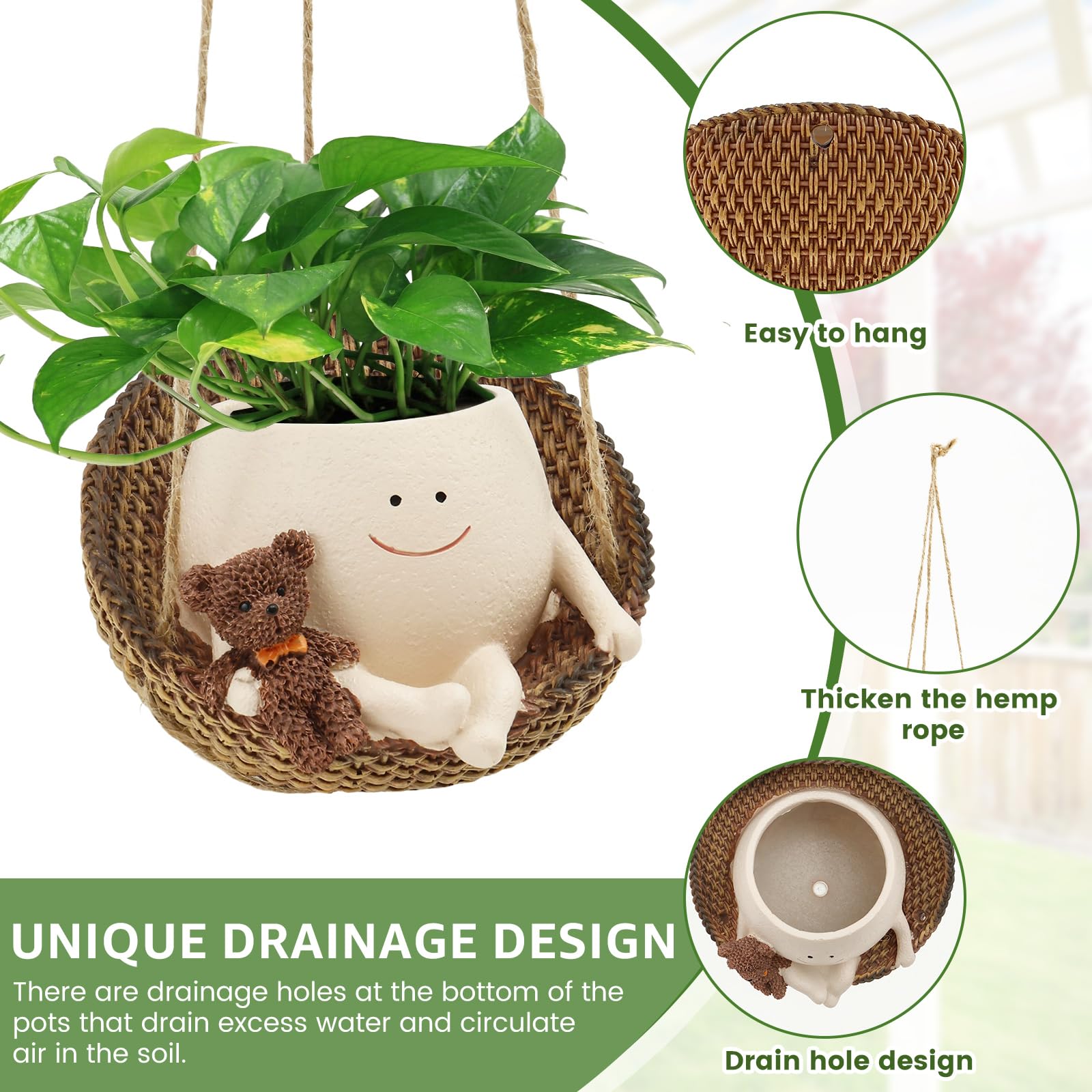 Pot de fleurs décoratif à suspendre en forme de visage de balançoire, joli pot portable avec trou de drainage pour intérieur et extérieur (suspendu)