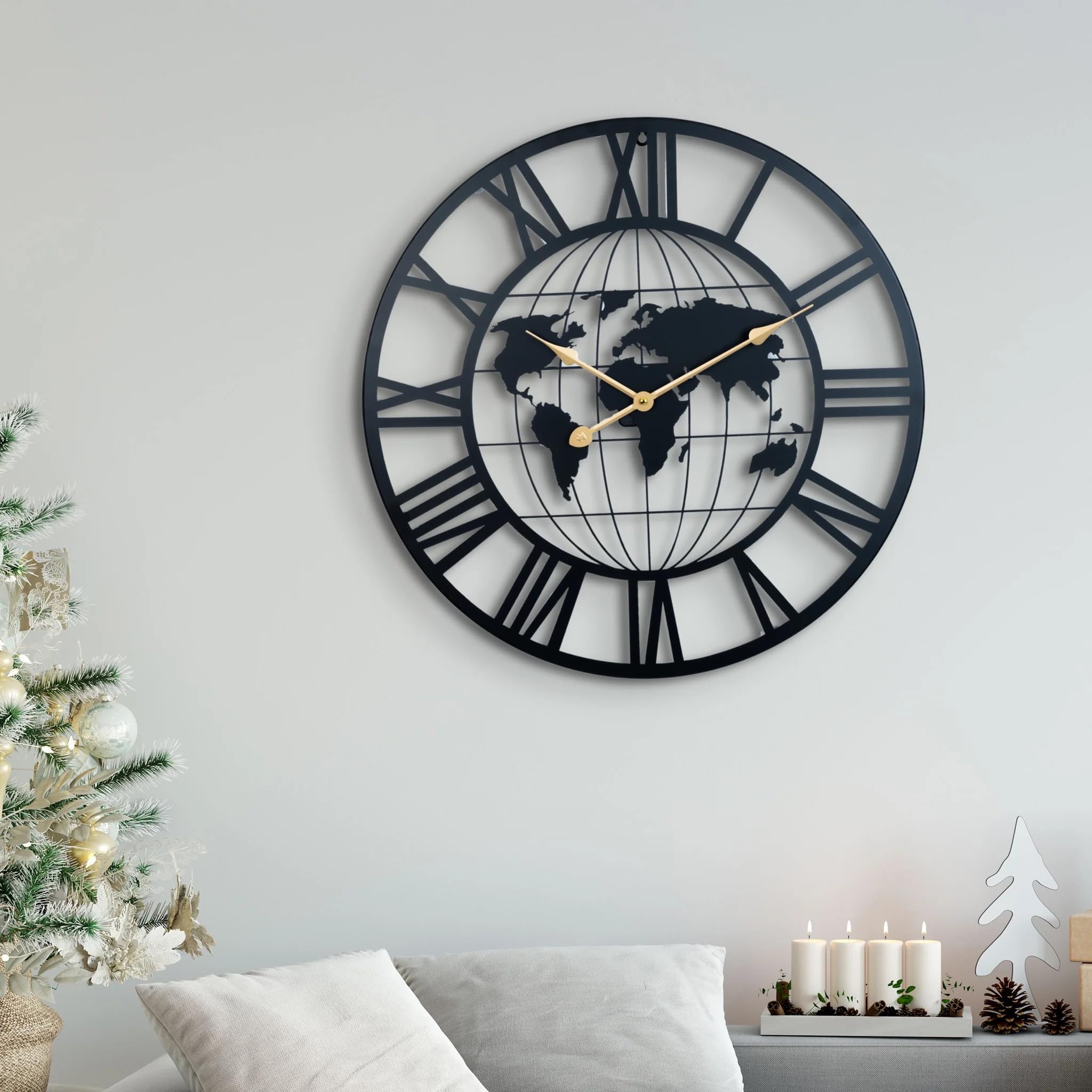 ACCENT COLLECTION HZ Large Metal Wall Clock, World Map Clock, Black Metal Home Decor, 24 inch 60 cm