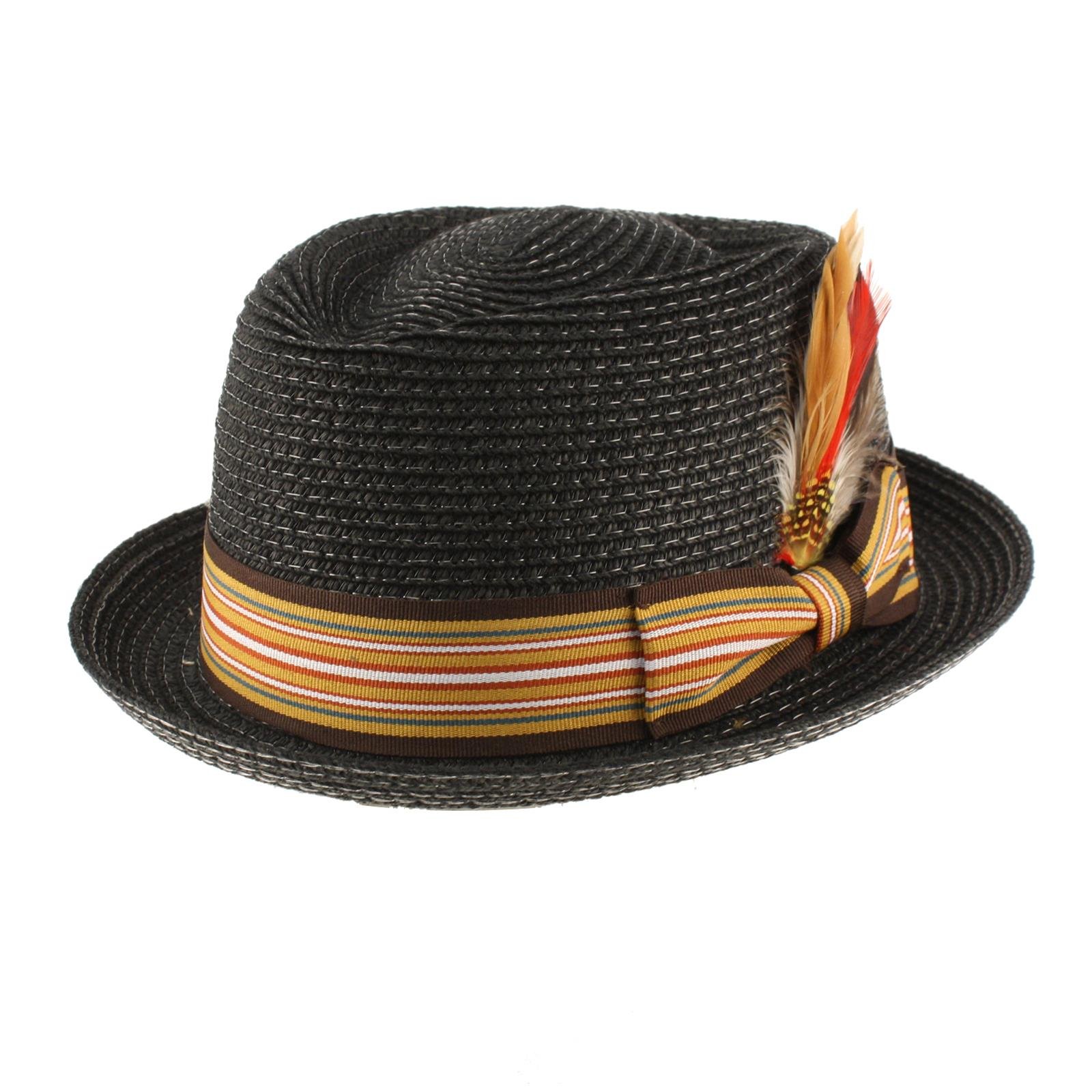 Men's Summer Porkpie Gambler Derby Fedora Removal Feather Hat S/M Black