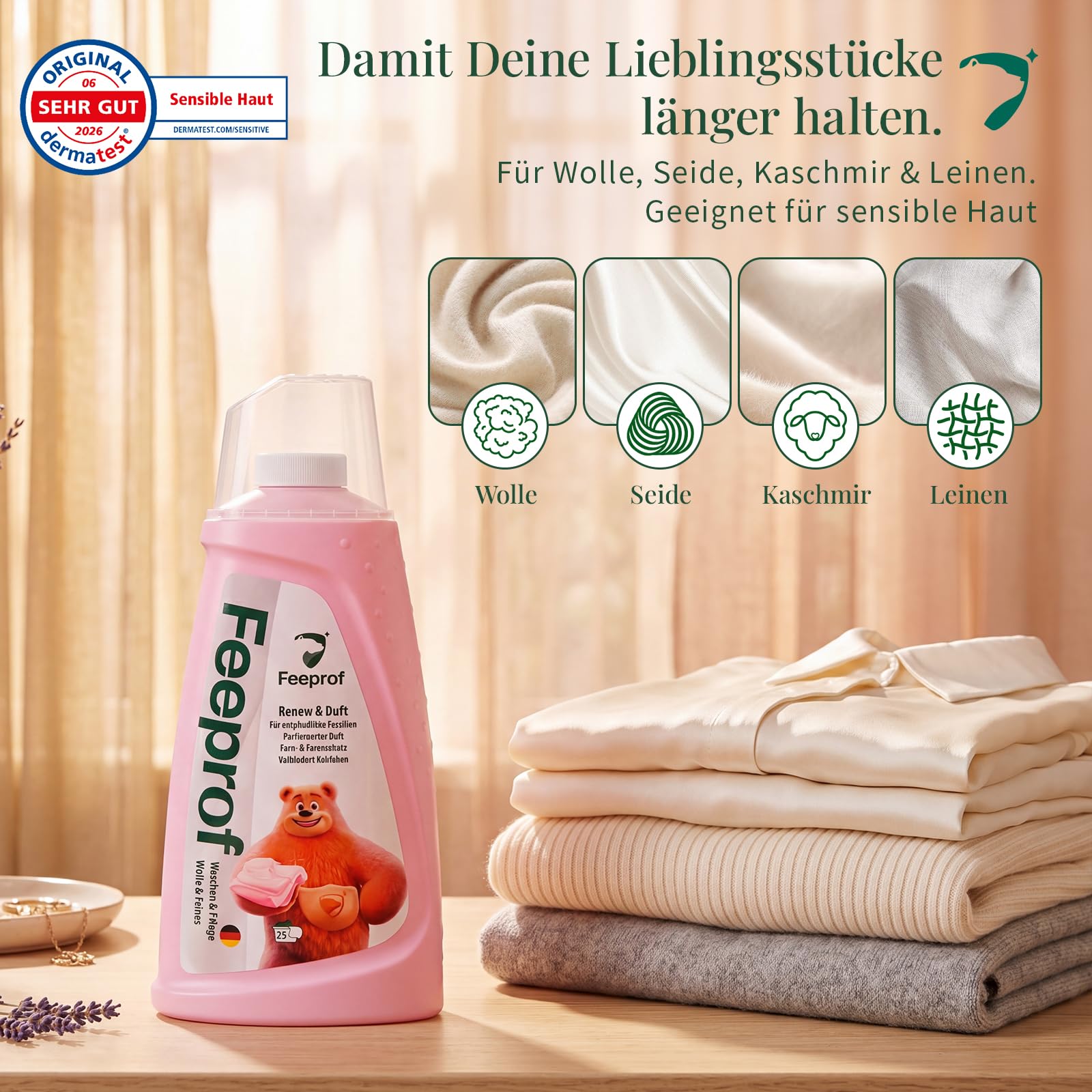 Wollwaschmittel 2L – Feinwaschmittel 50-100 Wäschen, Flüssigwaschmittel für Wolle, Seide & Kaschmir, Sensitiv-Formel, Wirksam ab 20°C, schonend zu Stoffen