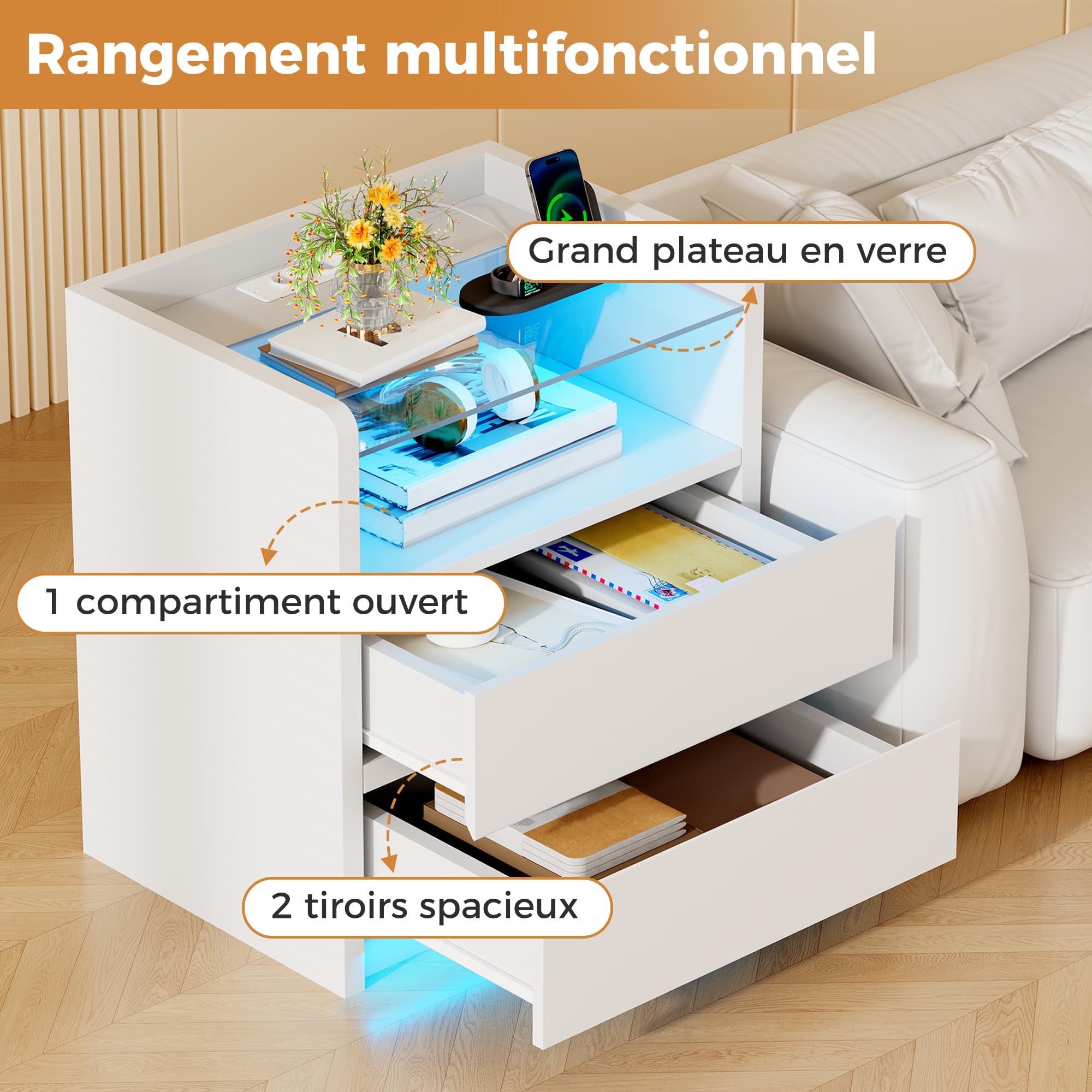 ANWBROAD Table de Chevet Lot de 2 avec Multiprise, Éclairage LED, 2 Tiroirs | Table de Nuit avec 1 Compartiment Ouvert, Tables d’Appoint avec Ports USB et 2 Prises CA, pour Salon,Chambre, Blanc BNS001W