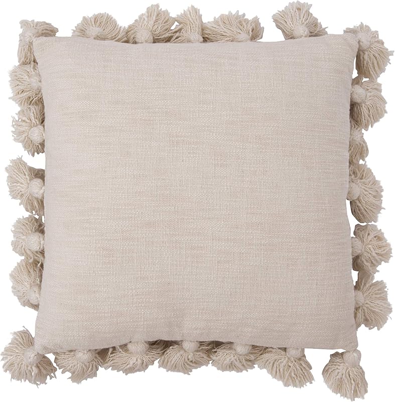Creative Co-Op Woven Cotton Slub Pillow with Tassels, Cream