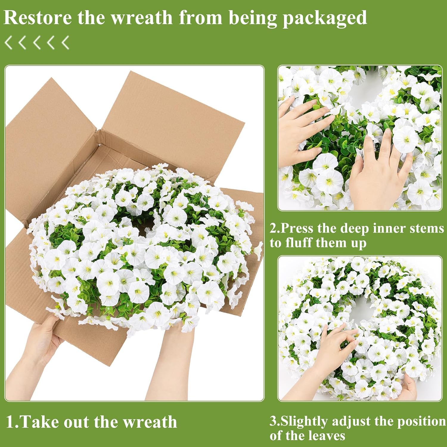 SHACOS Artificial Floral Wreath for Front Door, 20 Inch White Petunia
