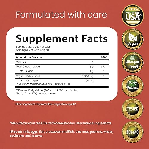 Miniatura 2 de NaturaLife Labs D-manosa orgánica 1300 mg con extracto de arándano orgánico 100 mg por porción – 100 cápsulas – Sin OMG, sin gluten, vegano