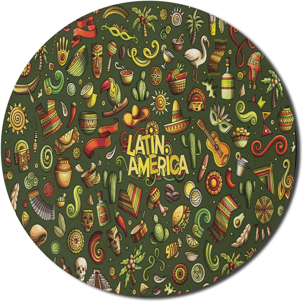 Ambesonne Hispanic Mouse Pad for Computers, Latin America Lettering Doodle with Minimal Cultural Cartoon Objects, Round Non-Slip Thick Rubber Modern Gaming Mousepad, 8 Round, Evergreen and Multicolor